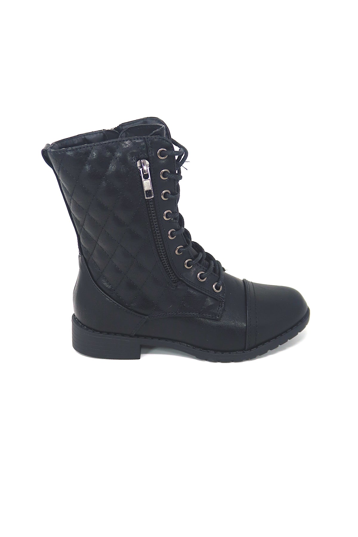 Little Girl&#39;s Lac up &amp; Zip Up Quilted Military Style Combat Boot Black