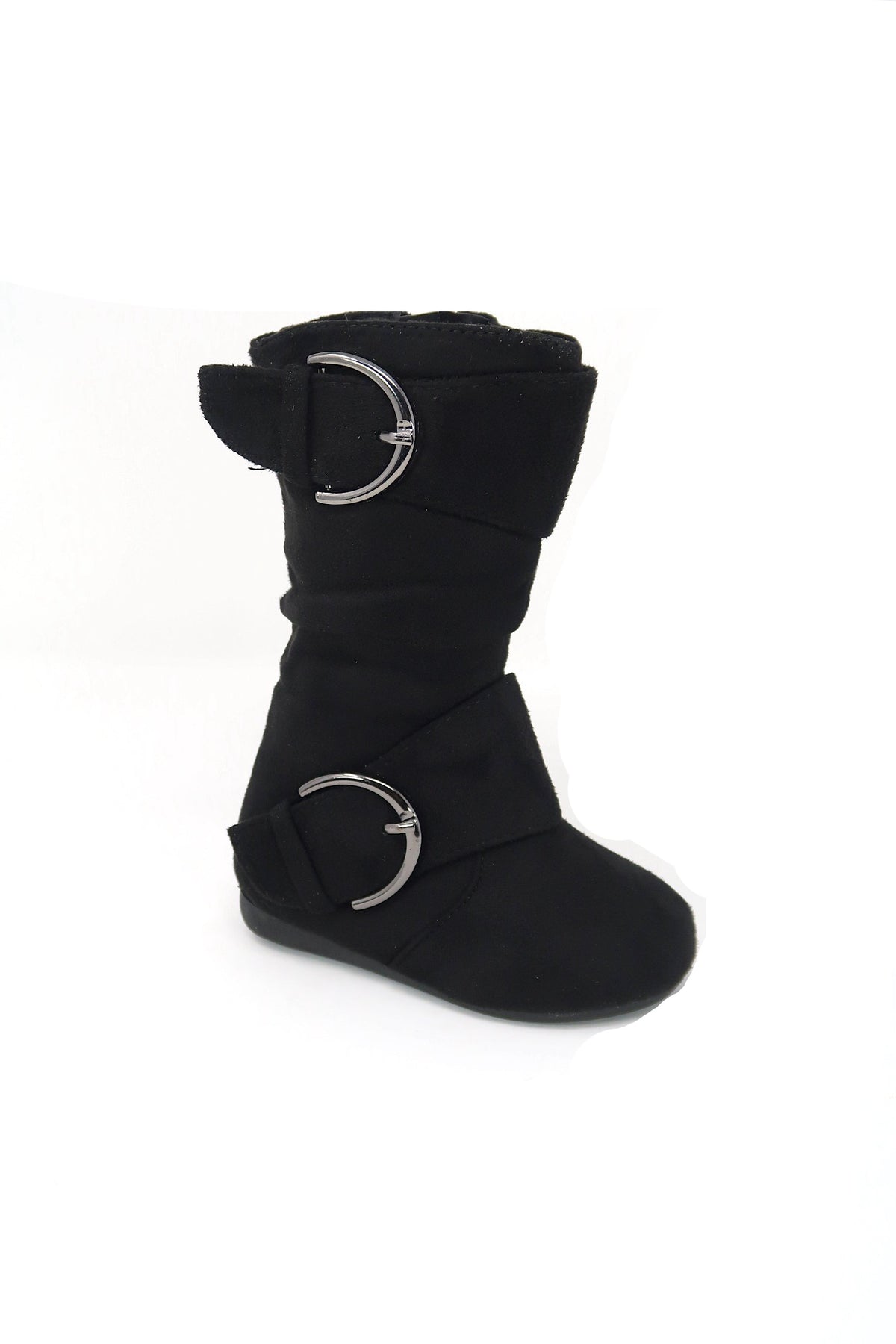 Girl&#39;s Kid&#39;s Faux Suede Two Buckle Zipper Flat Heel Mid Calf Slouchy Boot Black