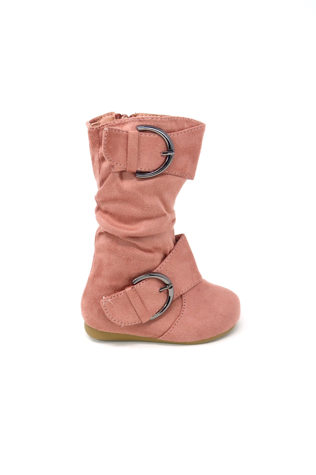 Girl&#39;s Kid&#39;s Faux Suede Two Buckle Zipper Flat Heel Mid Calf Slouchy Boot Pink