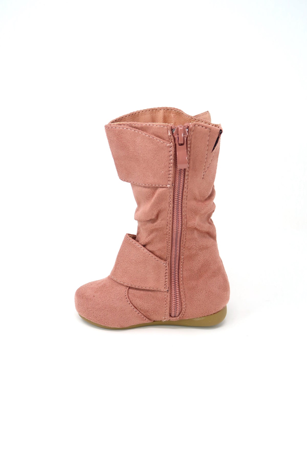 Girl&#39;s Kid&#39;s Faux Suede Two Buckle Zipper Flat Heel Mid Calf Slouchy Boot Pink