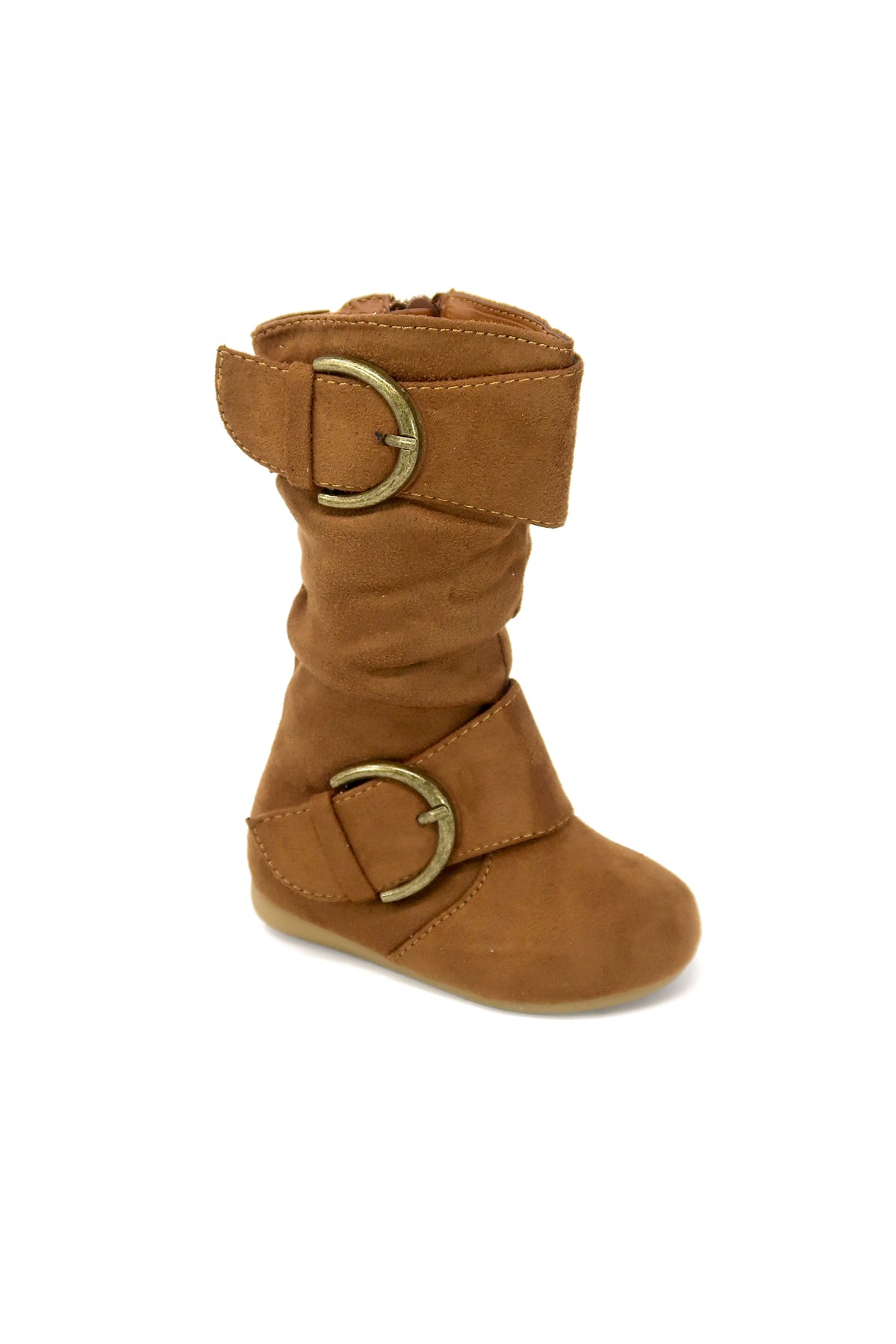 Girl&#39;s Kid&#39;s Faux Suede Two Buckle Zipper Flat Heel Mid Calf Slouchy Boot Tan