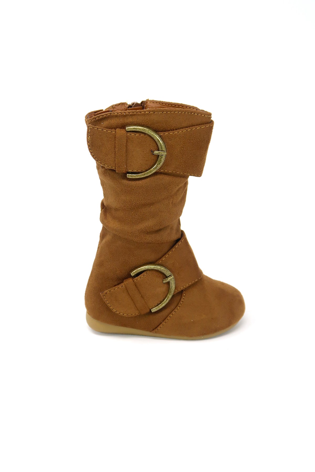 Girl&#39;s Kid&#39;s Faux Suede Two Buckle Zipper Flat Heel Mid Calf Slouchy Boot Tan