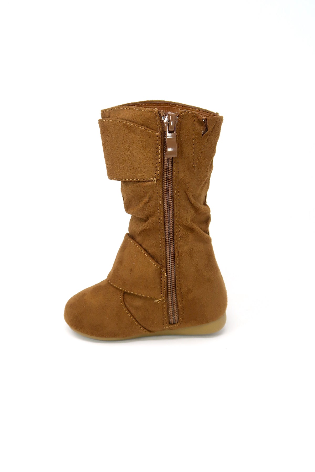 Girl&#39;s Kid&#39;s Faux Suede Two Buckle Zipper Flat Heel Mid Calf Slouchy Boot Tan