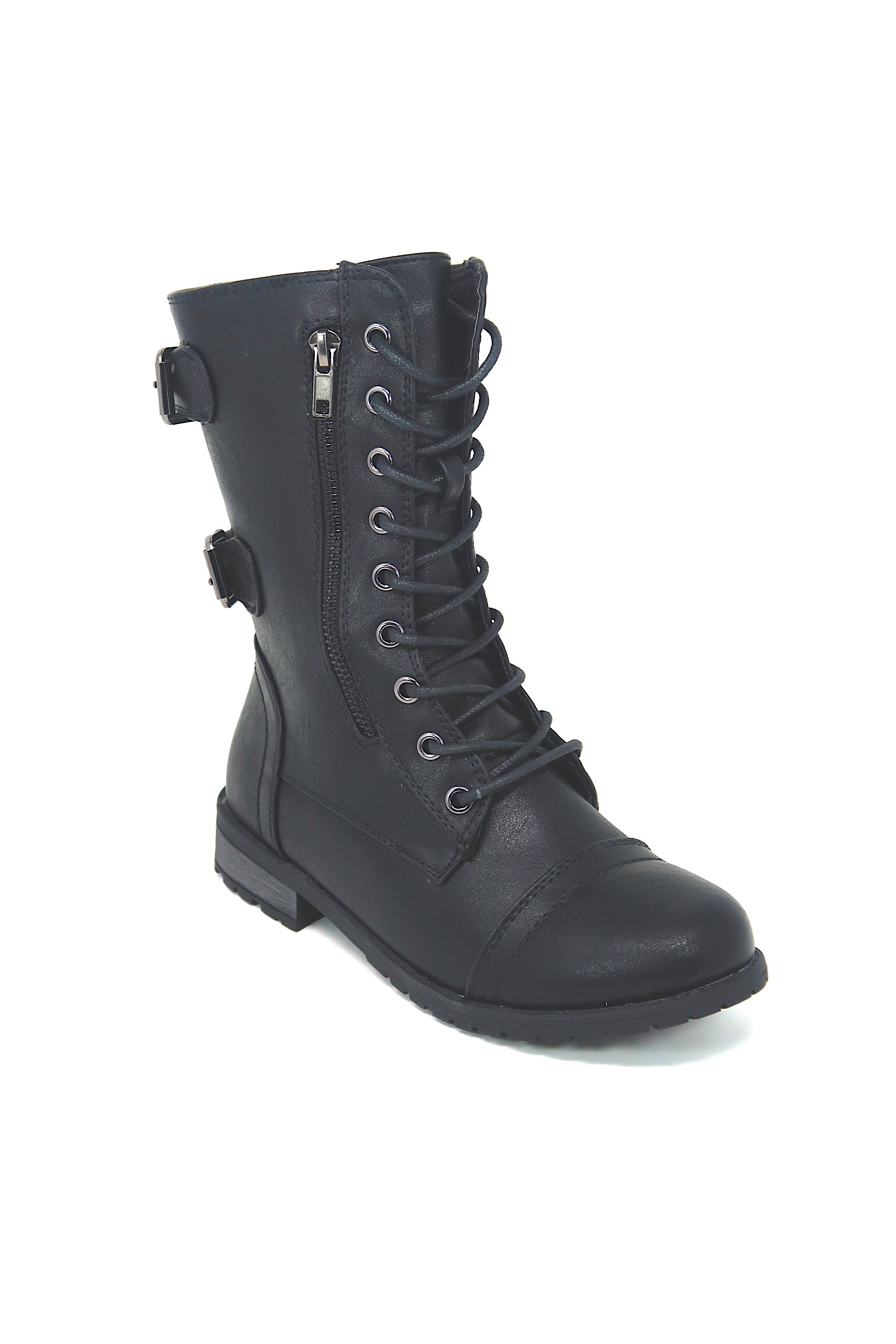 Women's Black Zip Up/Lace Up Double Buckle Combat Boot Black