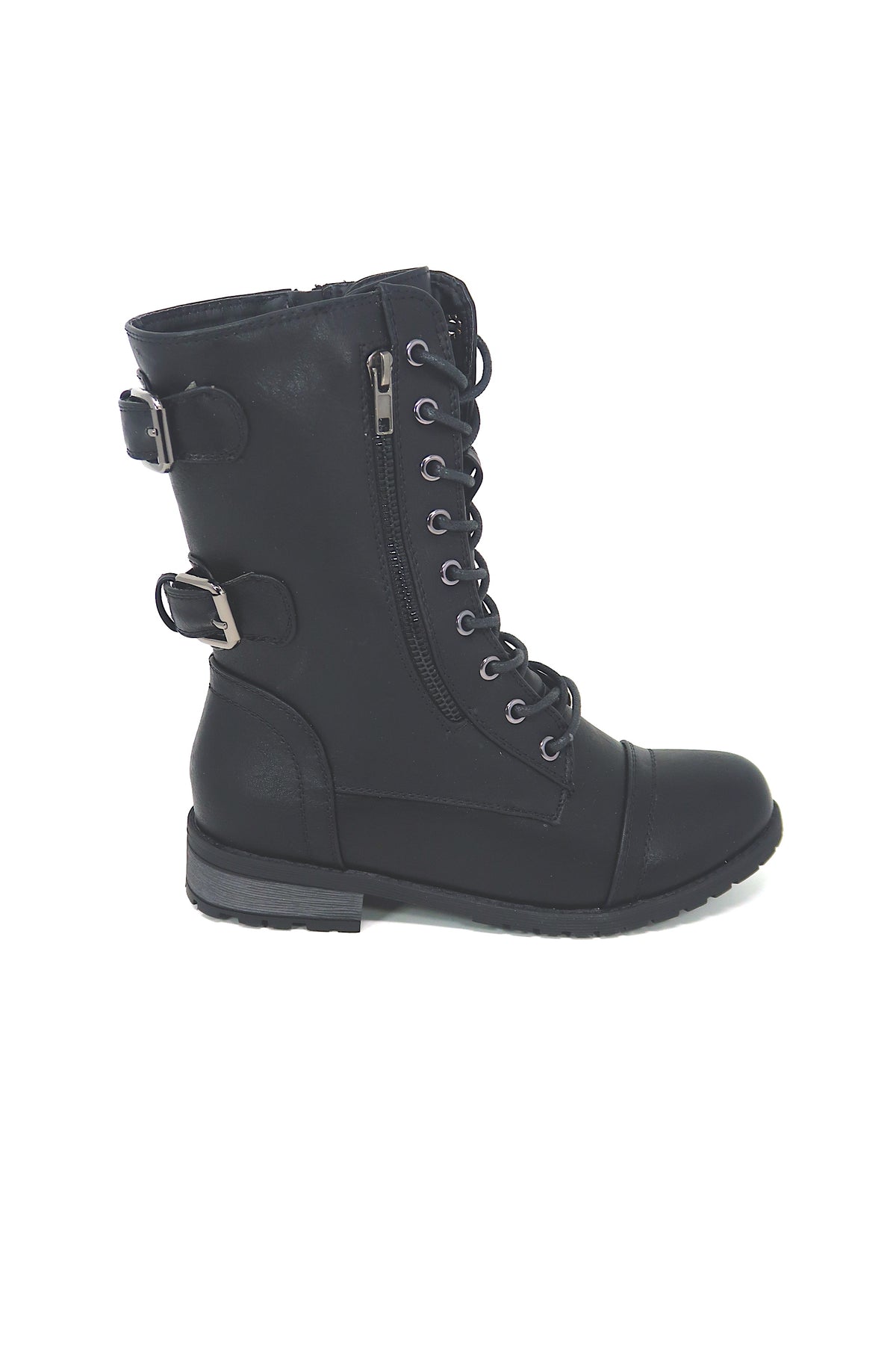 Women&#39;s Black Zip Up/Lace Up Double Buckle Combat Boot Black