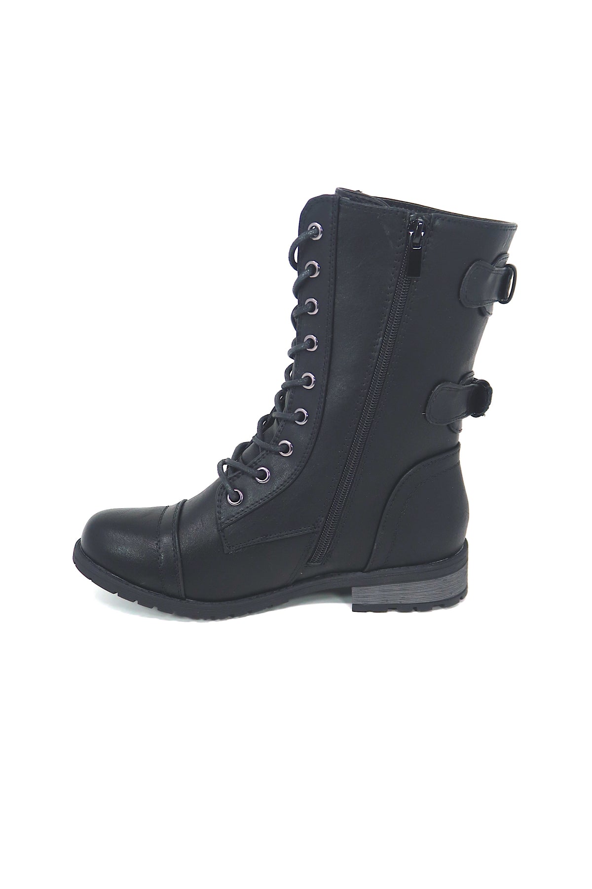 Women&#39;s Black Zip Up/Lace Up Double Buckle Combat Boot Black