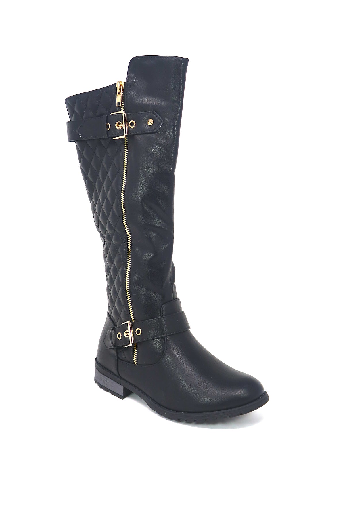 Women&#39;s Winkle Back Shaft Side Zip Knee High Flat Riding Boots Black 