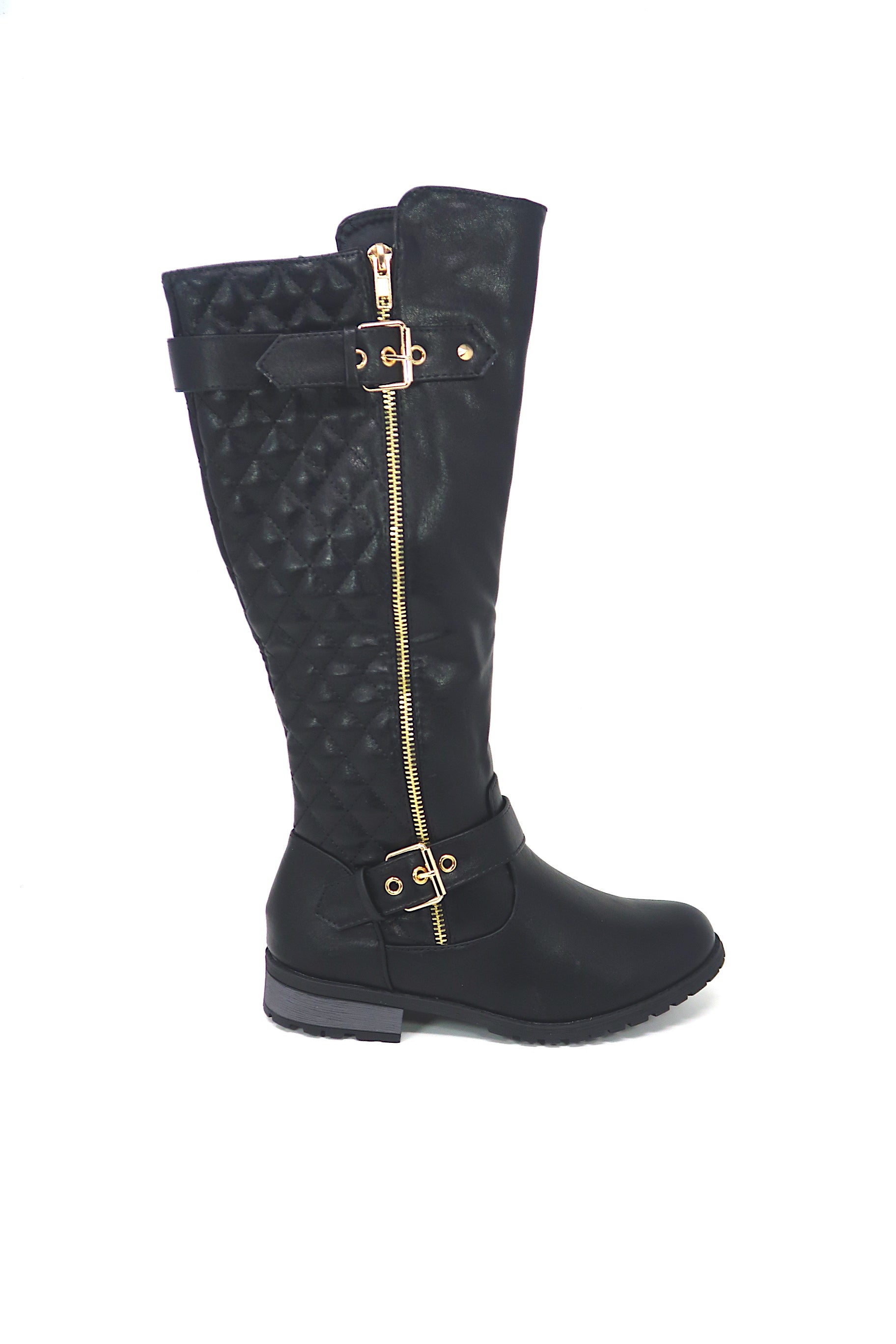 Women's Winkle Back Shaft Side Zip Knee High Flat Riding Boots Black 