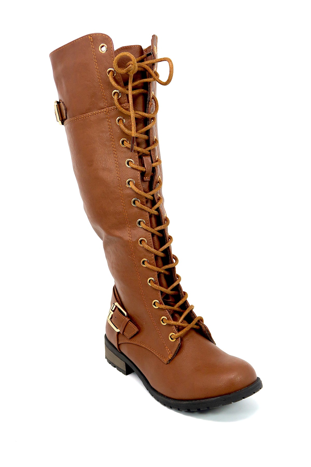 Forever Link Women&#39;s Strappy Lace-Up Knee High Combat Stacked Heel Boot Brown