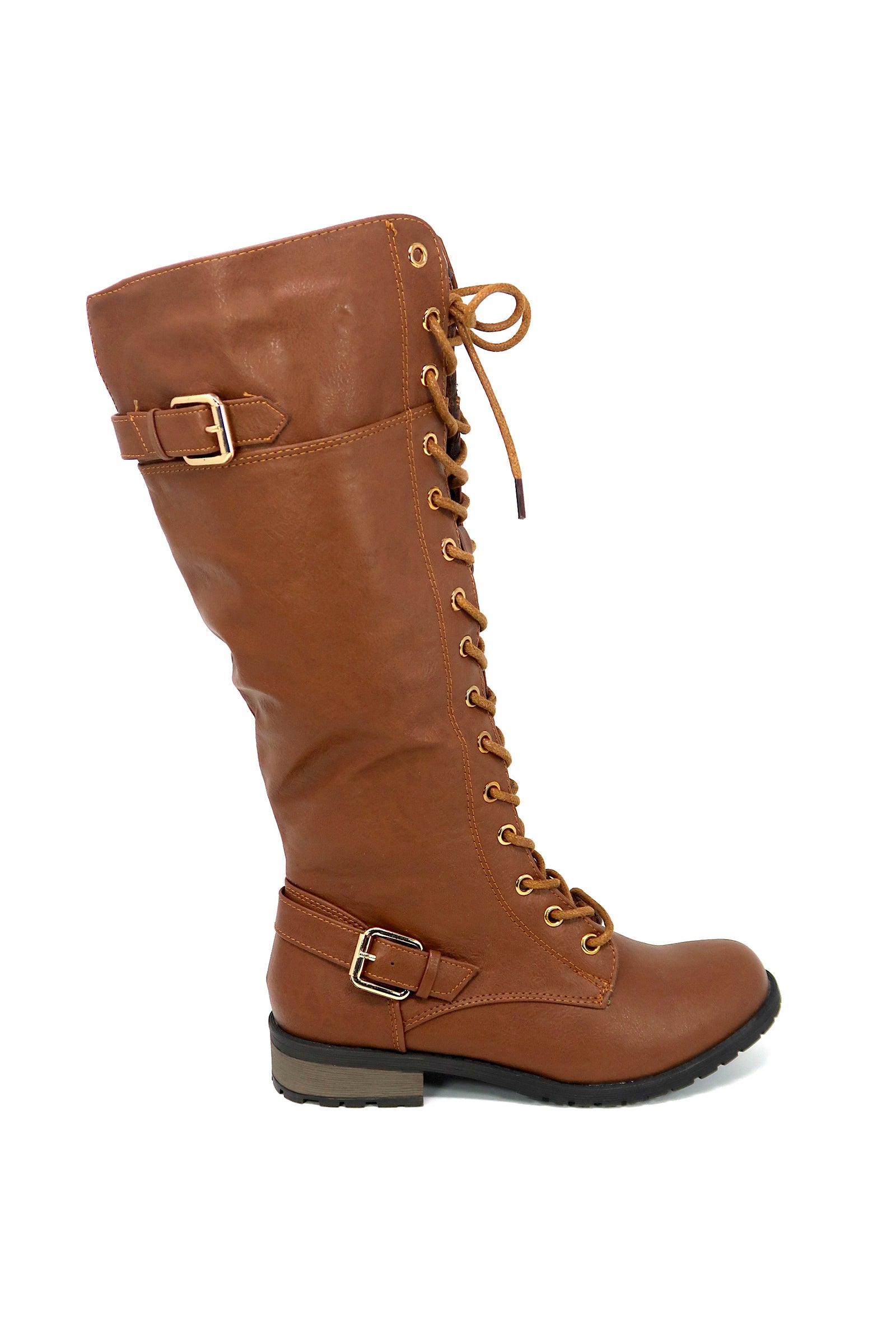 Forever Link Women's Strappy Lace-Up Knee High Combat Stacked Heel Boot Brown