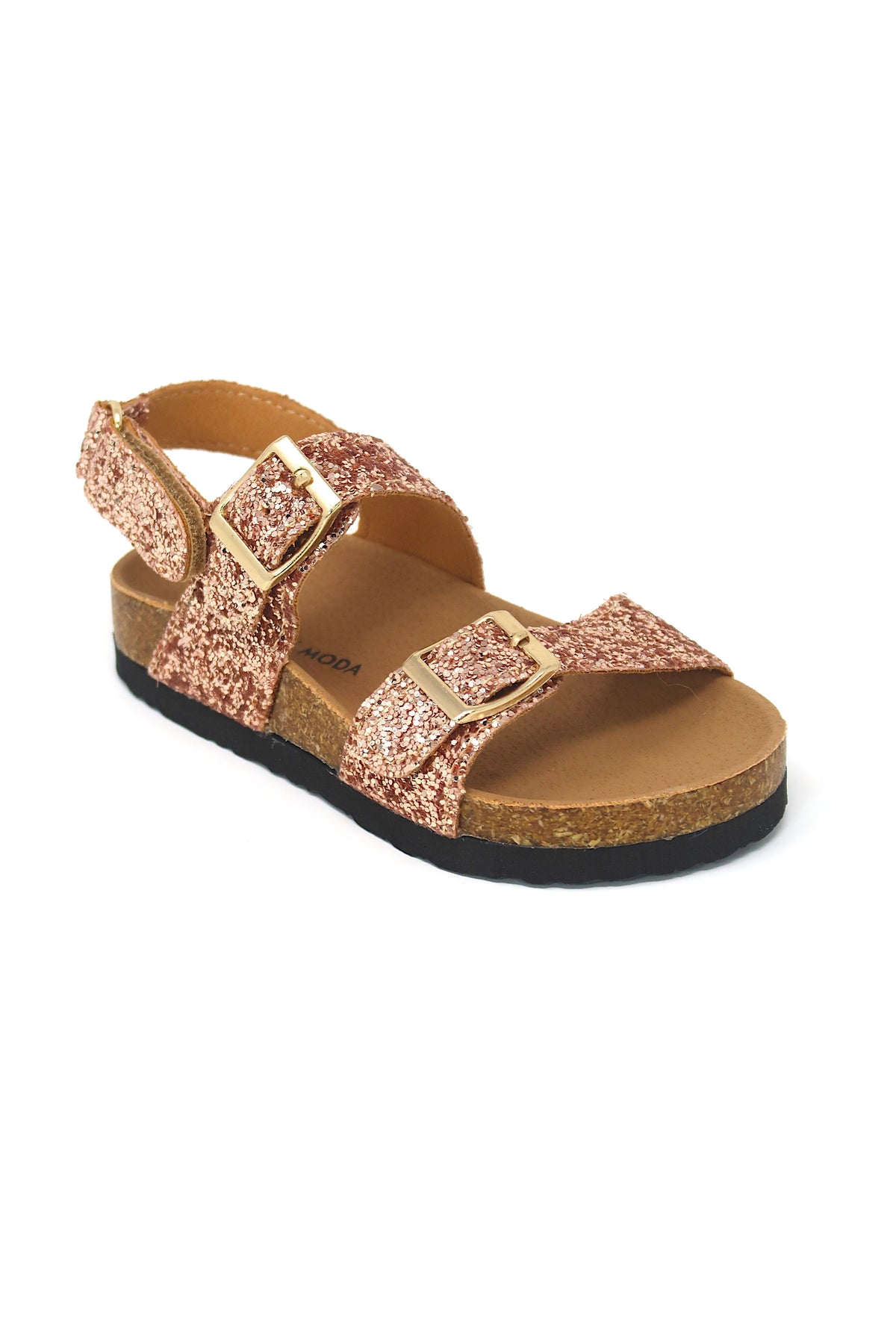 Toddler Girl&#39;s Double Buckle strap cork Hook &amp; Loop Glitter &amp; Pu Flat Sandals Rose Gold 