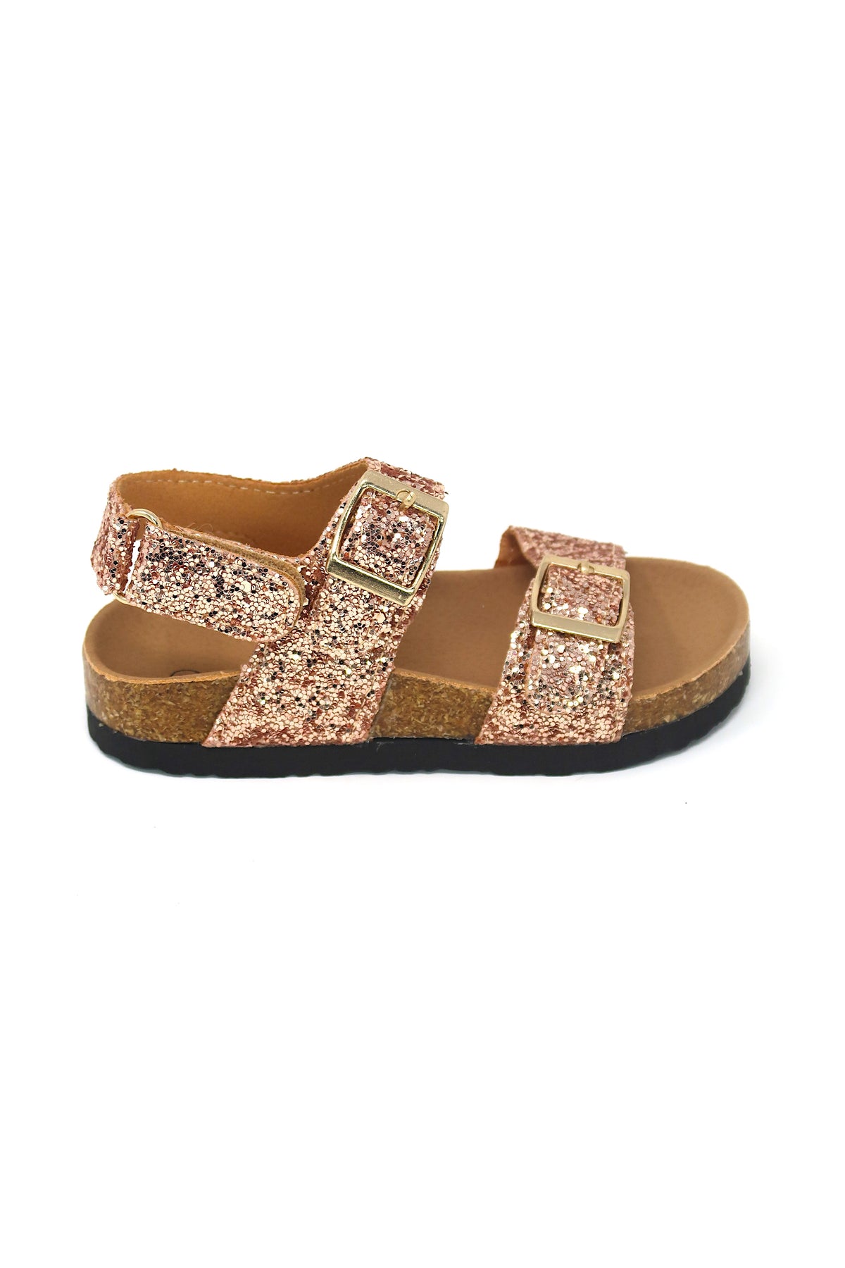 Toddler Girl&#39;s Double Buckle strap cork Hook &amp; Loop Glitter &amp; Pu Flat Sandals Rose Gold 