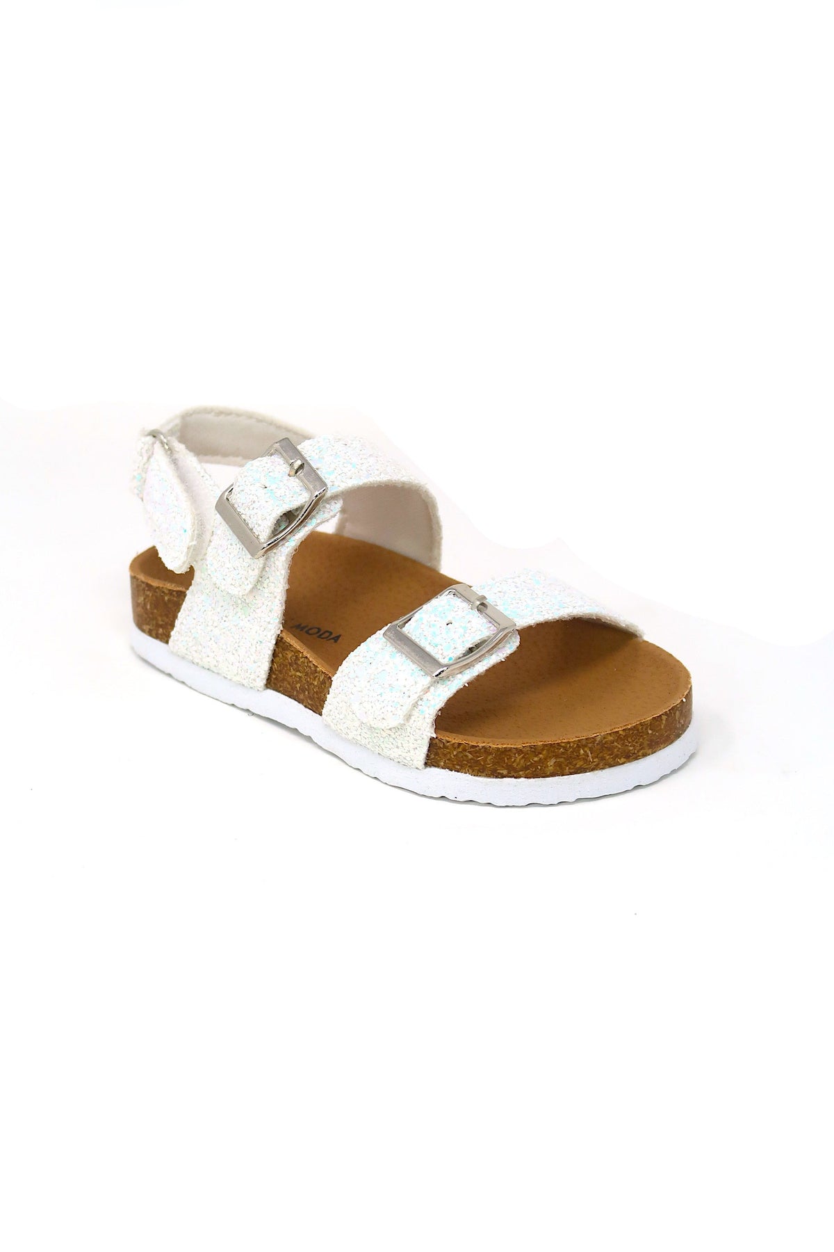 Toddler Girl&#39;s Double Buckle strap cork Hook &amp; Loop Glitter &amp; Pu Flat Sandals White