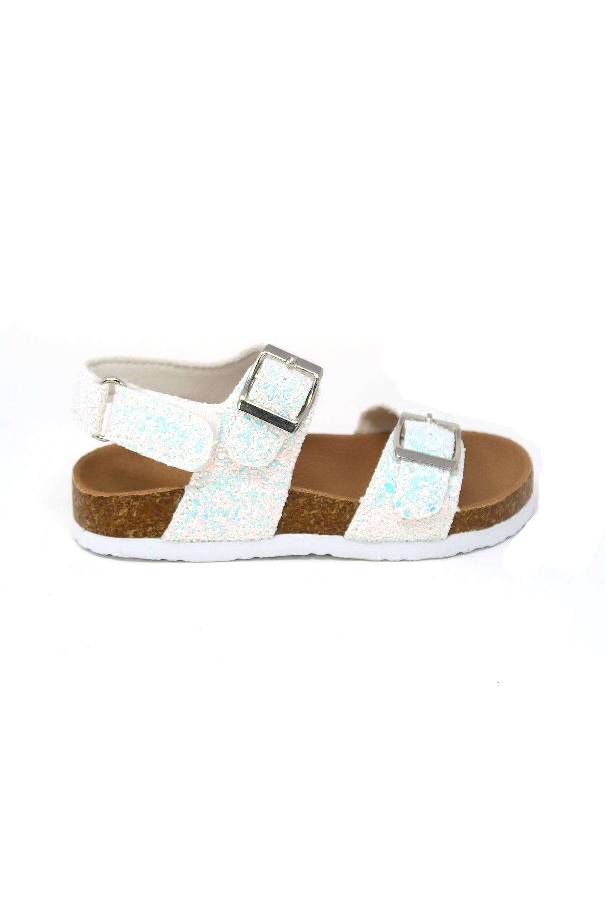 Toddler Girl&#39;s Double Buckle strap cork Hook &amp; Loop Glitter &amp; Pu Flat Sandals White