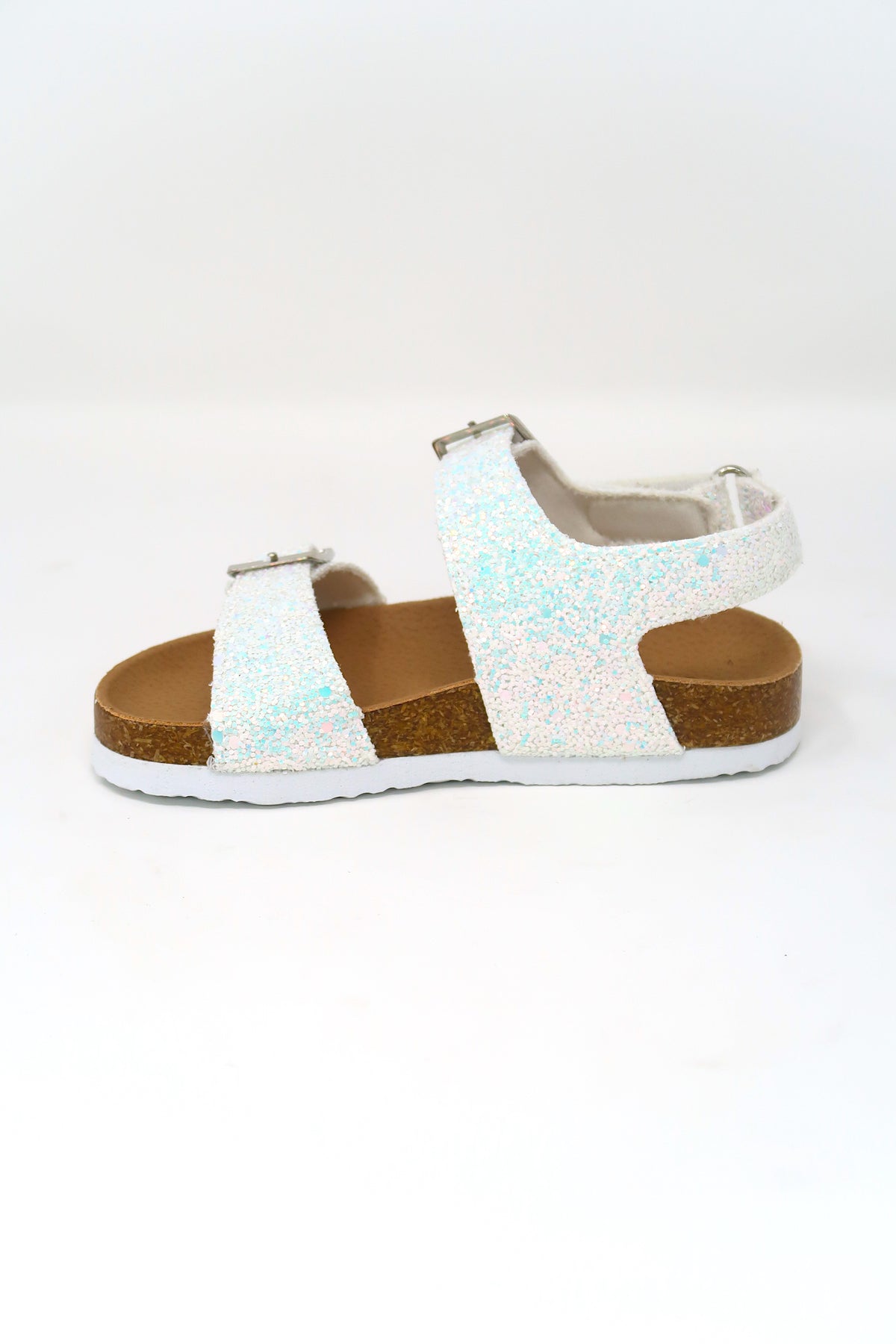 Toddler Girl&#39;s Double Buckle strap cork Hook &amp; Loop Glitter &amp; Pu Flat Sandals White