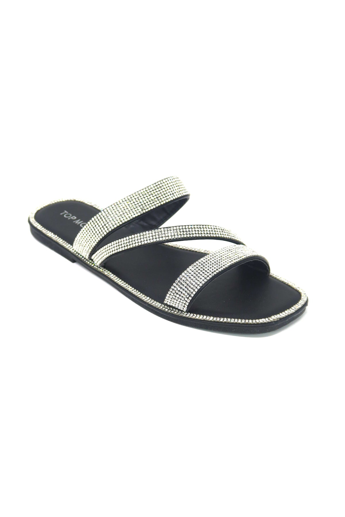 Women&#39;s Slip on Flat Sandals Casual Bling Rhinestone Strap Sandals Open Toe Slide Sandals Black