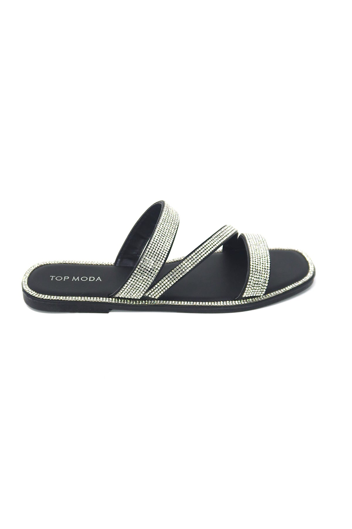 Women&#39;s Slip on Flat Sandals Casual Bling Rhinestone Strap Sandals Open Toe Slide Sandals Black