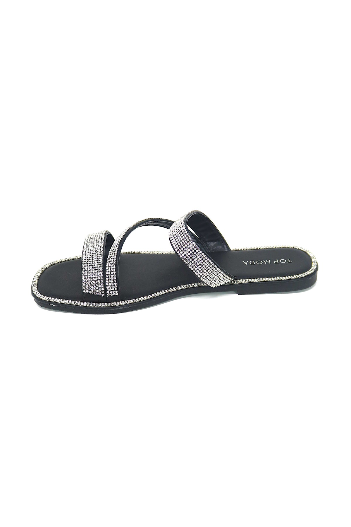 Women&#39;s Slip on Flat Sandals Casual Bling Rhinestone Strap Sandals Open Toe Slide Sandals Black