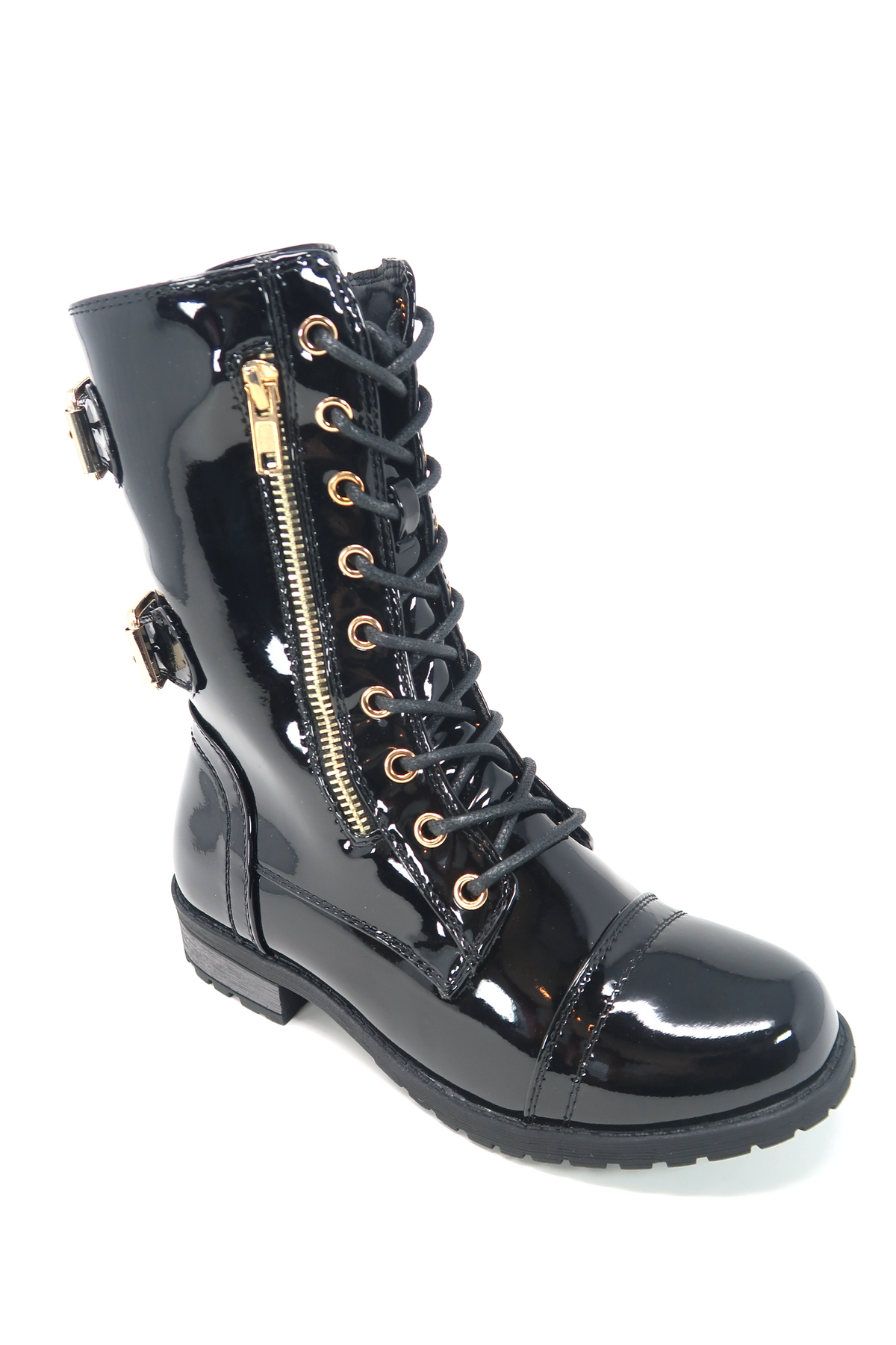 Women&#39;s Patent Color Buckle Strap Style Combat Boots Black Patent