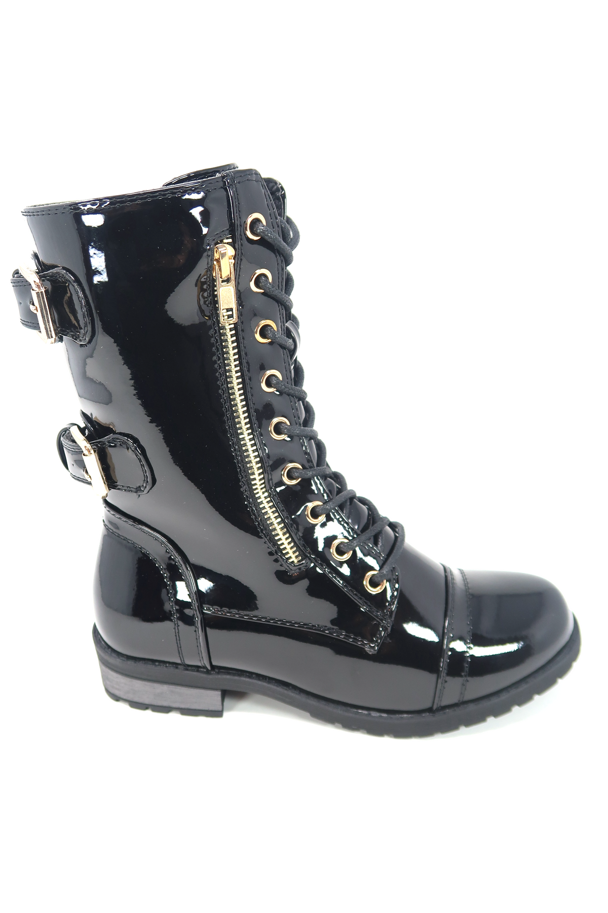 Women&#39;s Patent Color Buckle Strap Style Combat Boots Black Patent