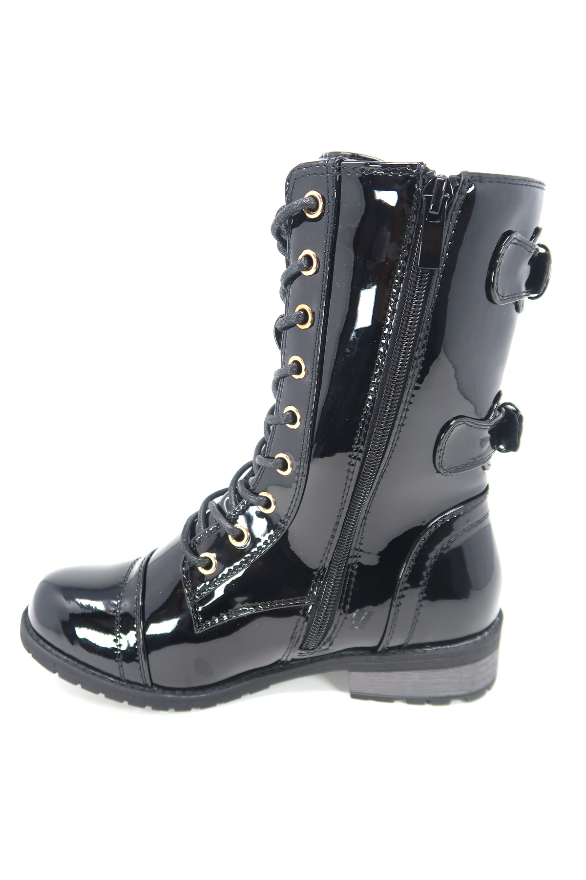 Women&#39;s Patent Color Buckle Strap Style Combat Boots Black Patent