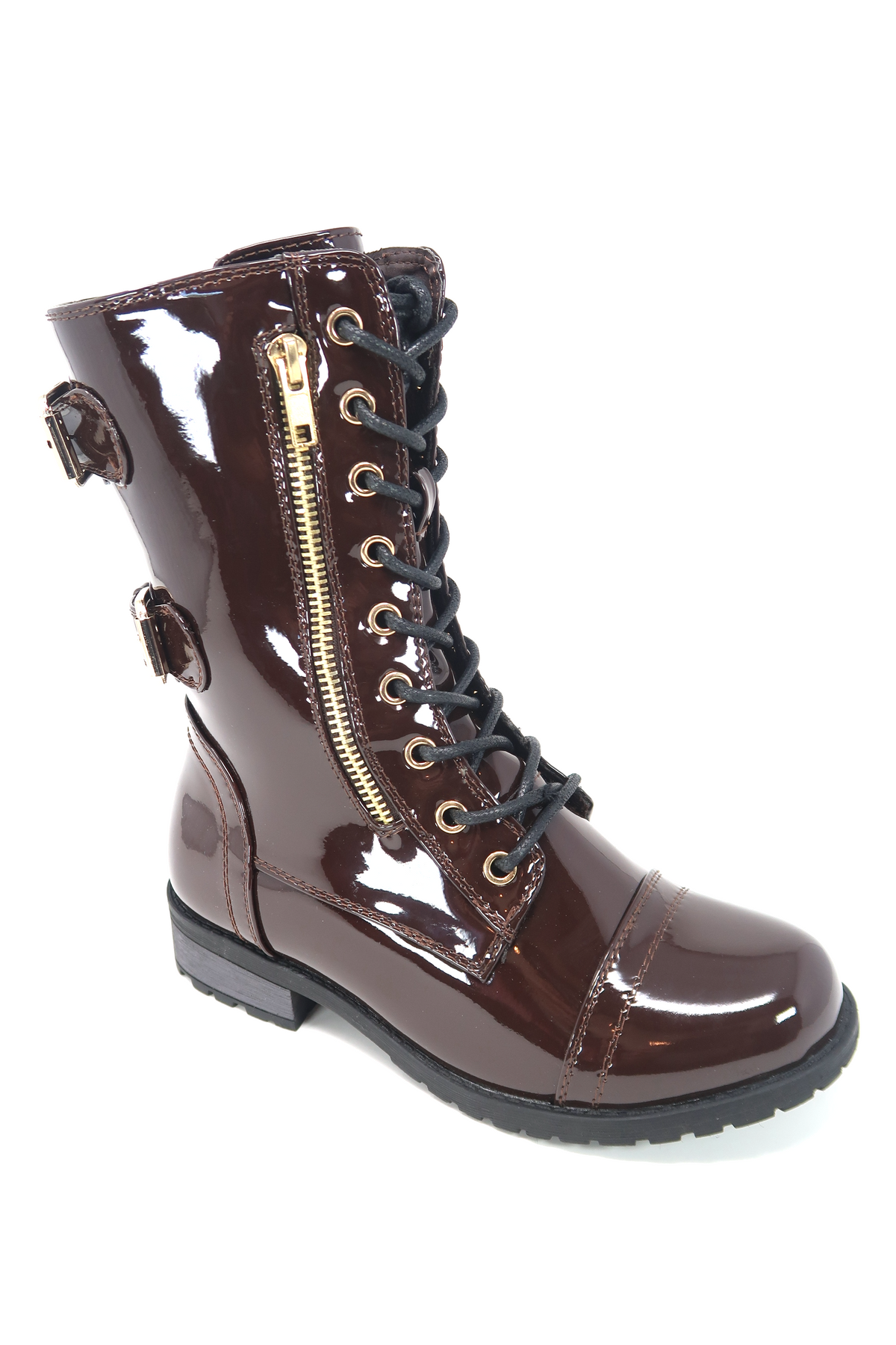 Women&#39;s Patent Color Buckle Strap Style Combat Boots Brown Patent