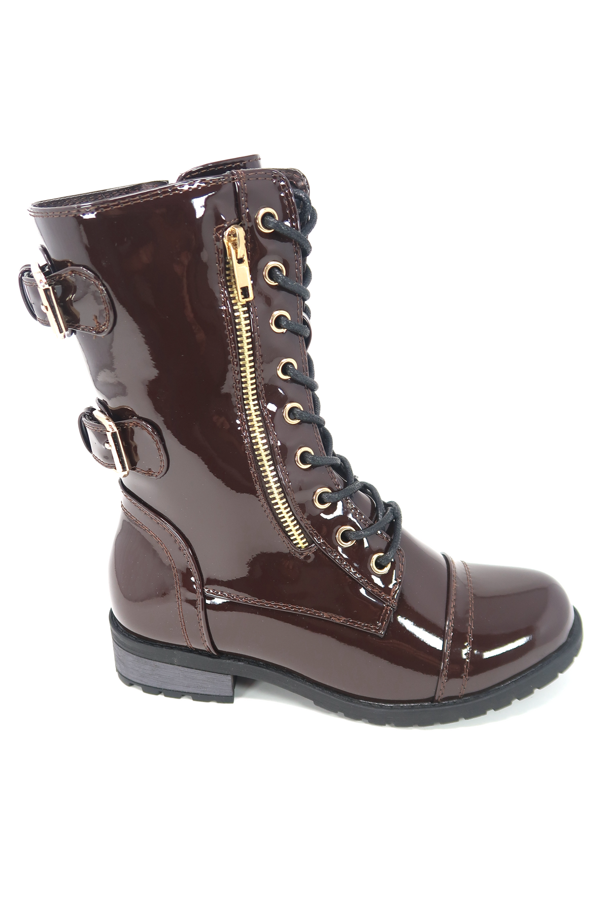 Women&#39;s Patent Color Buckle Strap Style Combat Boots Brown Patent