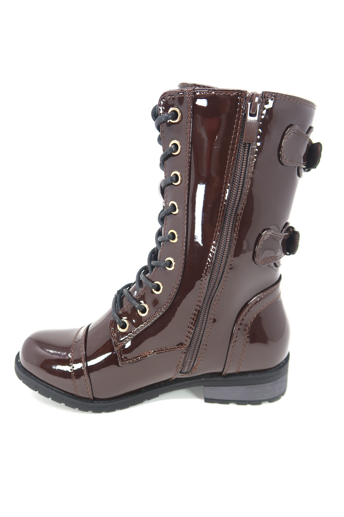 Women&#39;s Patent Color Buckle Strap Style Combat Boots Brown Patent