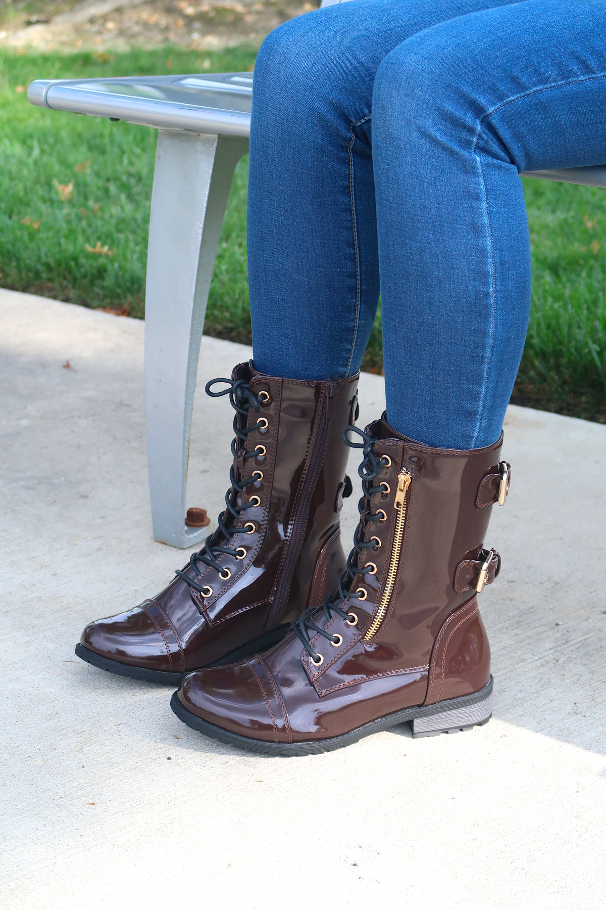 Women&#39;s Patent Color Buckle Strap Style Combat Boots