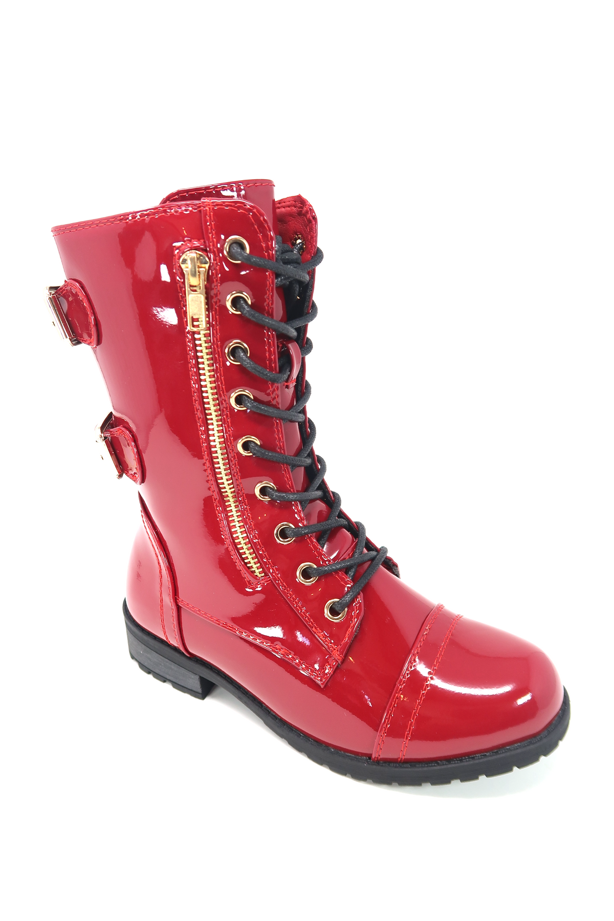 Women&#39;s Patent Color Buckle Strap Style Combat Boots Red Patent