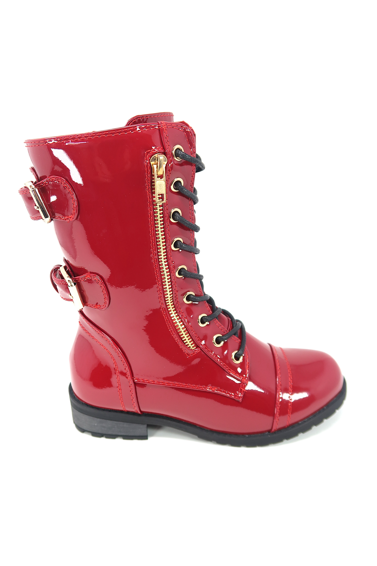 Women&#39;s Patent Color Buckle Strap Style Combat Boots Red Patent