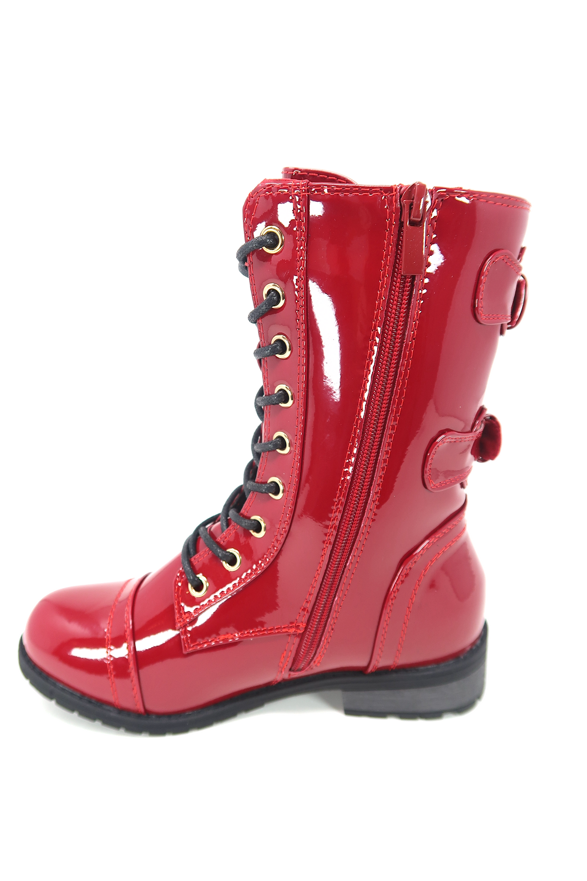 Women&#39;s Patent Color Buckle Strap Style Combat Boots Red Patent