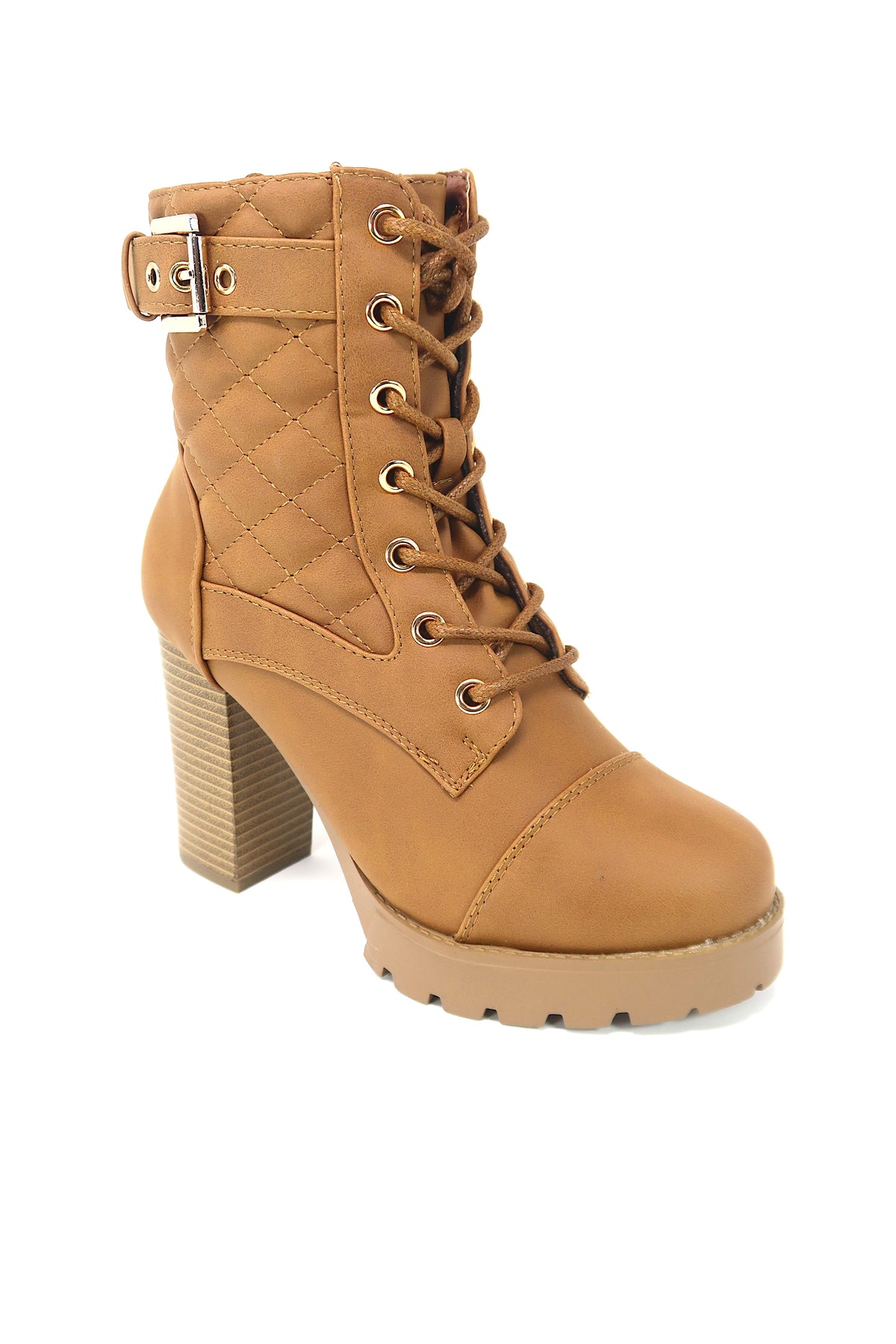 Forever Link Women&#39;s Chunky Heel Platform Lug Sole Lace Up Ankle Booties Tan