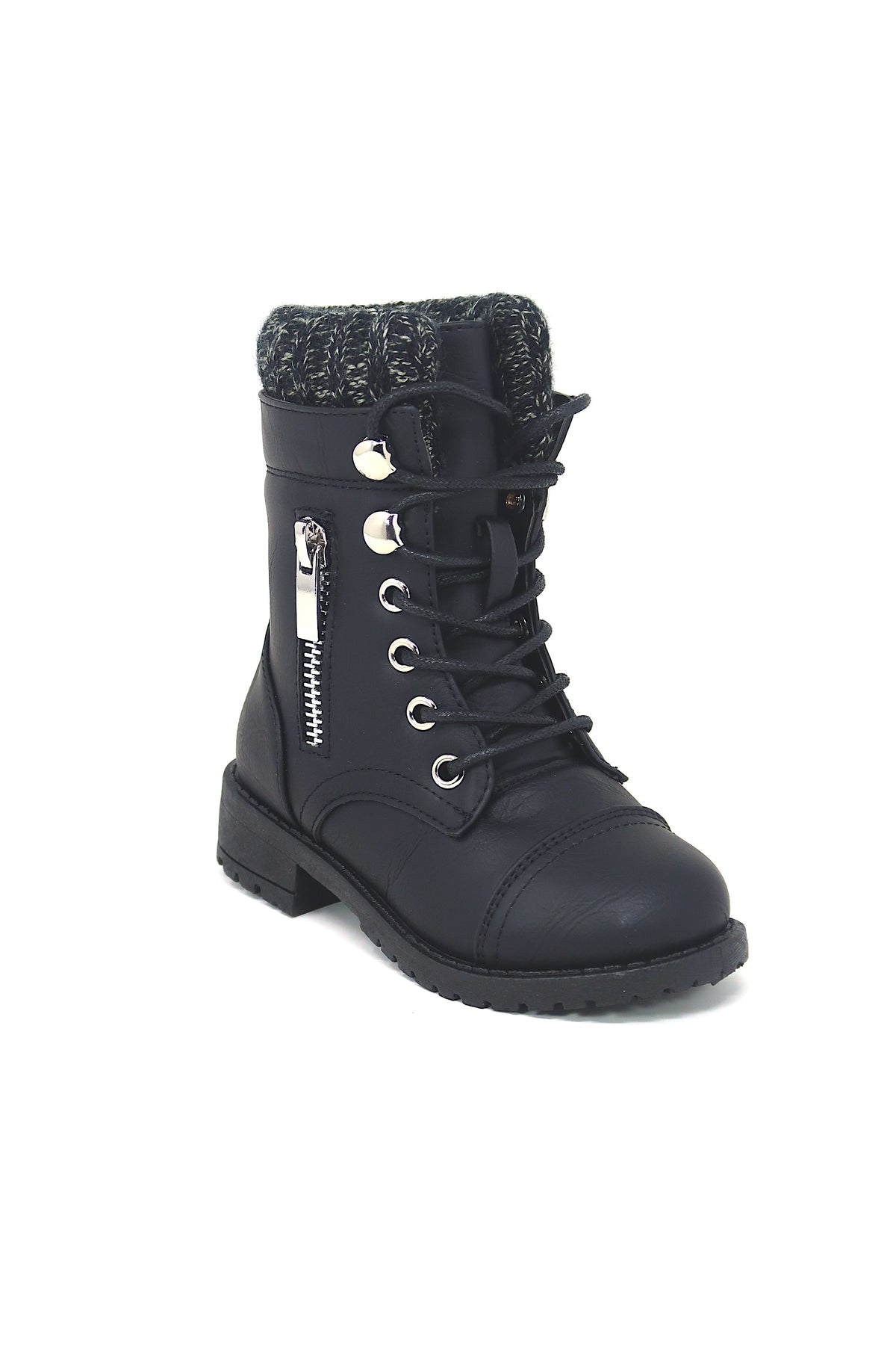 Little Kids and Toddler Round Toe Military Lace Up Knit Ankle Cuff Low Heel Combat Boots Black