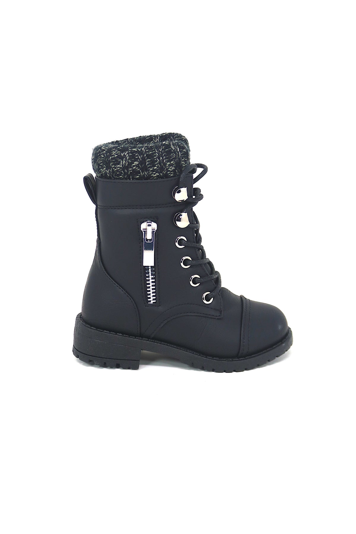 Little Kids and Toddler Round Toe Military Lace Up Knit Ankle Cuff Low Heel Combat Boots Black