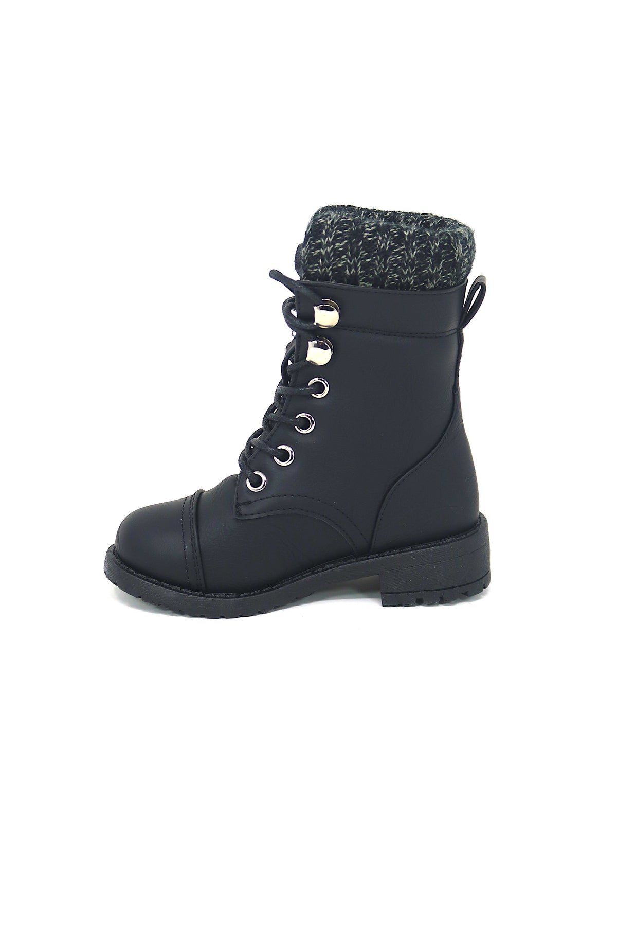 Little Kids and Toddler Round Toe Military Lace Up Knit Ankle Cuff Low Heel Combat Boots Black