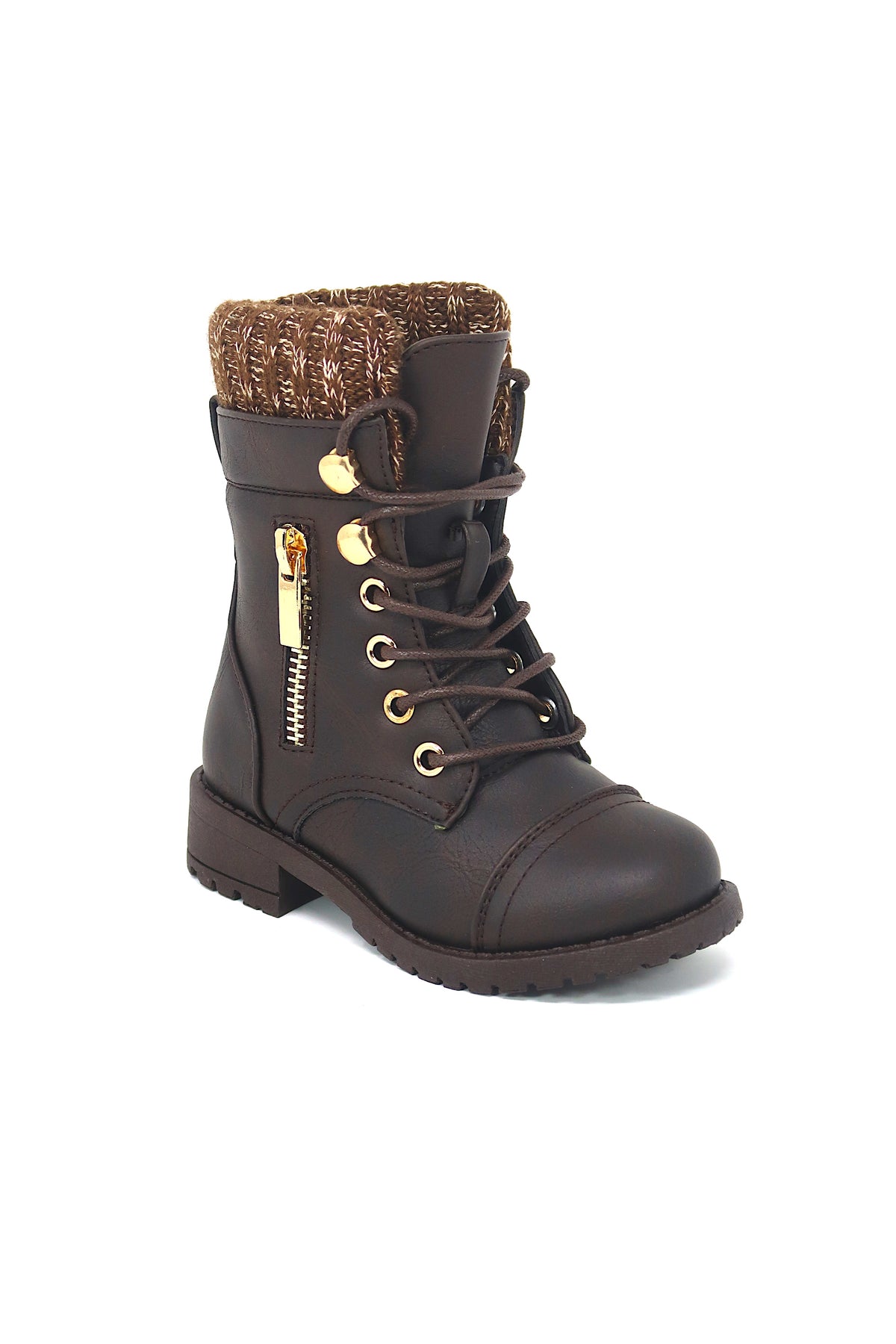 Little Kids and Toddler Round Toe Military Lace Up Knit Ankle Cuff Low Heel Combat Boots Brown