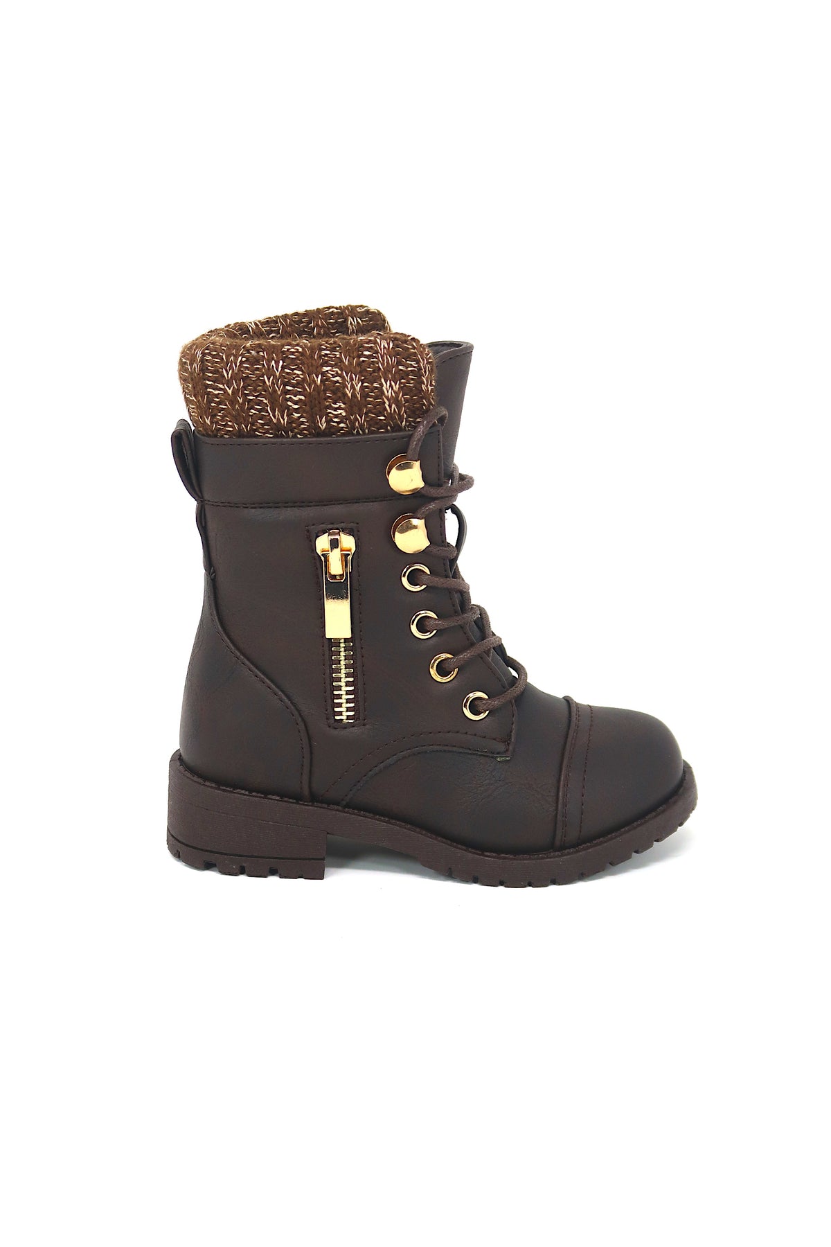 Little Kids and Toddler Round Toe Military Lace Up Knit Ankle Cuff Low Heel Combat Boots Brown