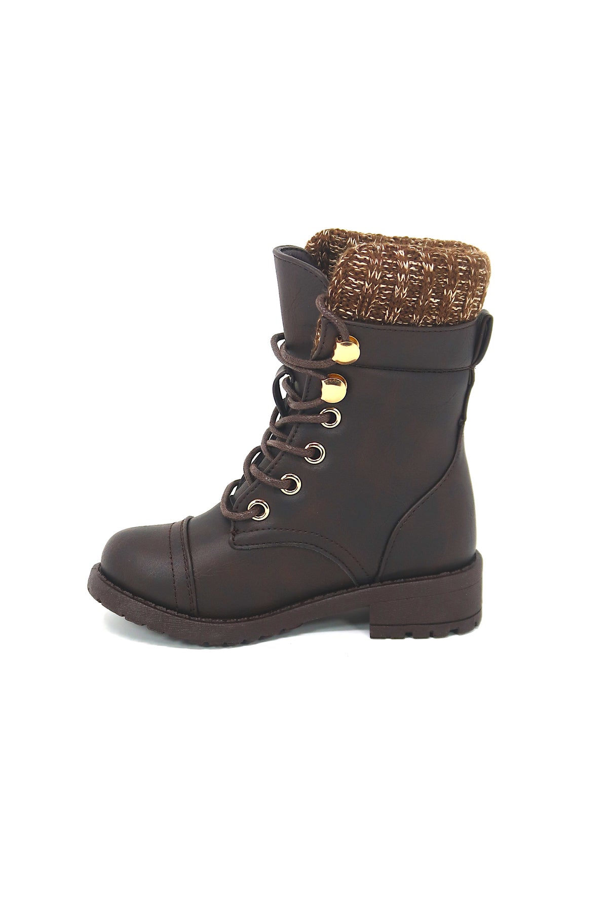 Little Kids and Toddler Round Toe Military Lace Up Knit Ankle Cuff Low Heel Combat Boots Brown