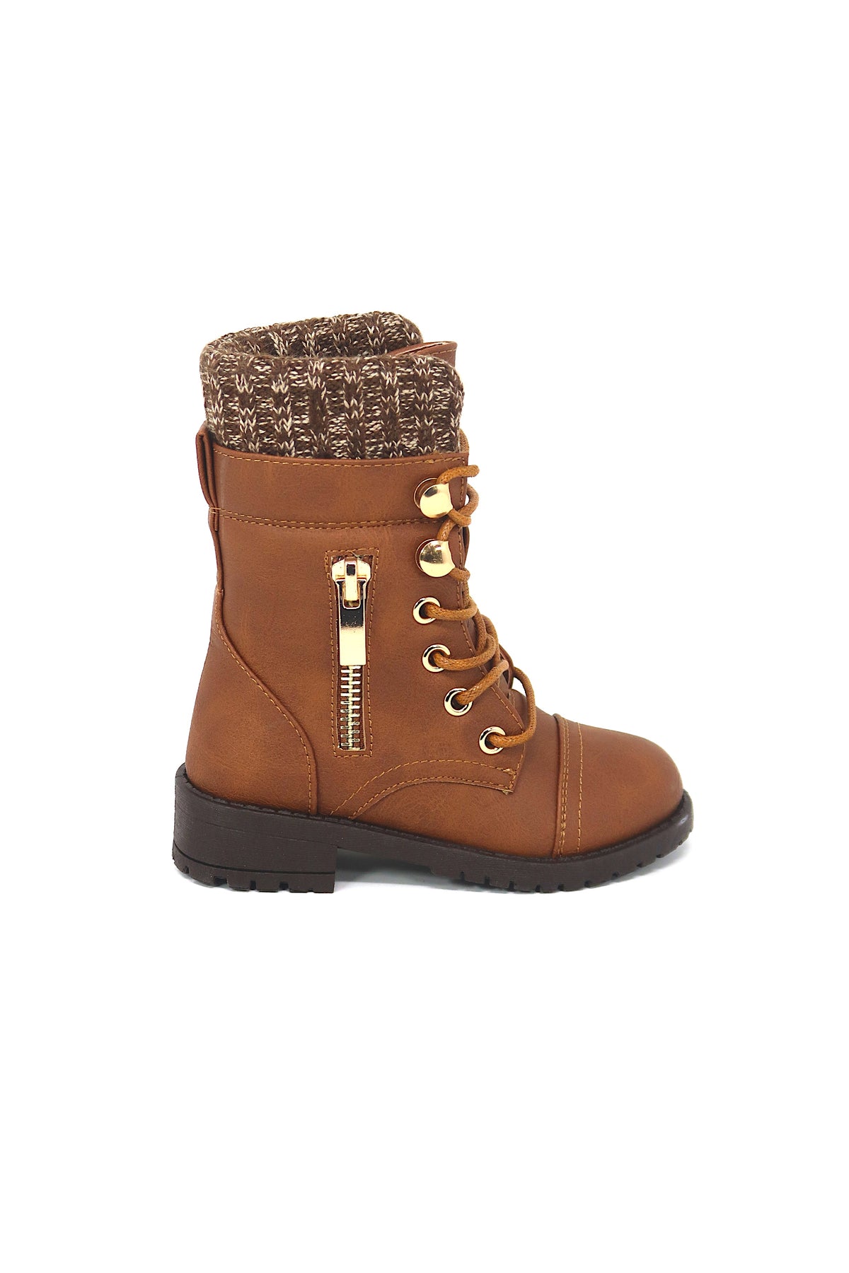 Little Kids and Toddler Round Toe Military Lace Up Knit Ankle Cuff Low Heel Combat Boots Tan