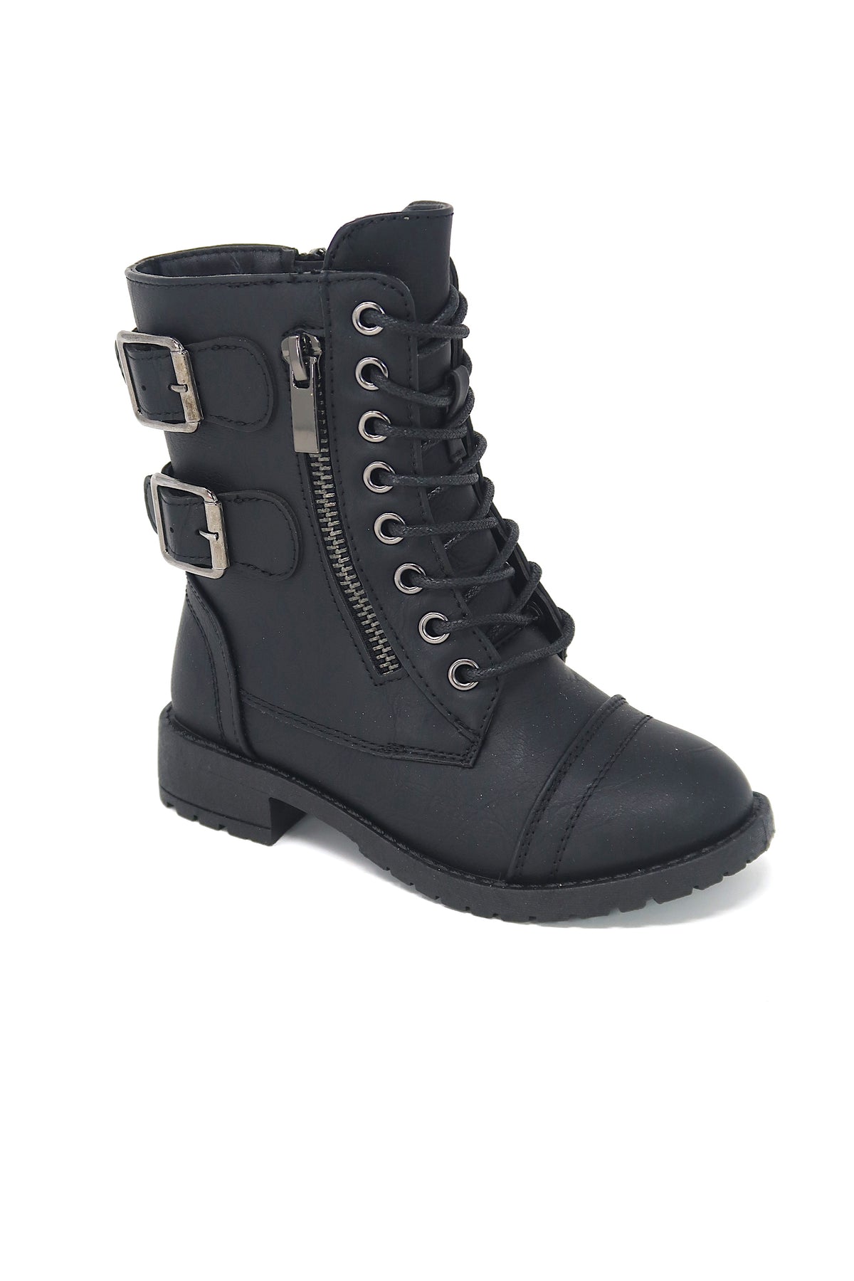 Girls Lace Up &amp; Zip up Combat Boot with Buckle Accents Black