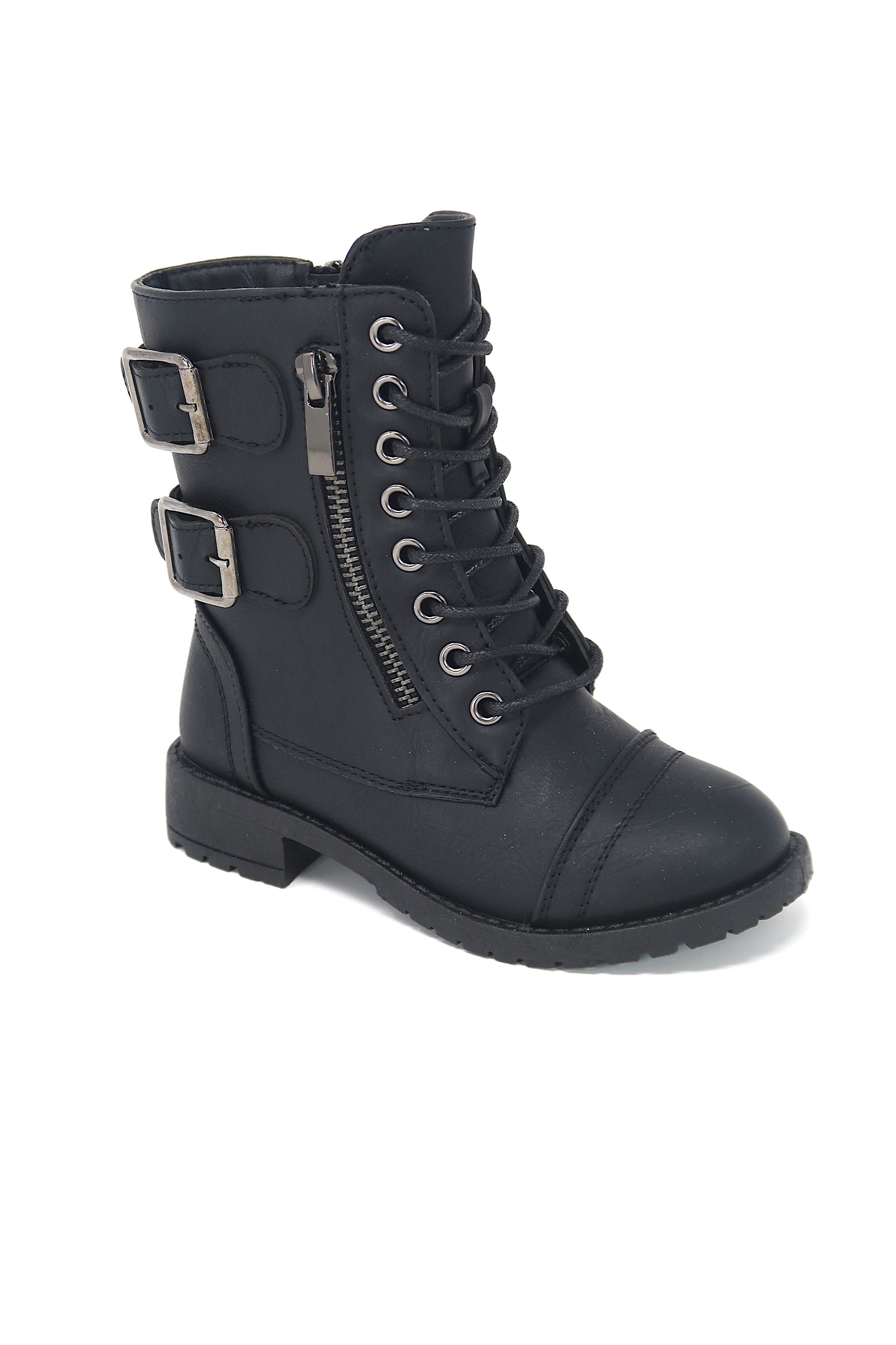 Girls Lace Up & Zip up Combat Boot with Buckle Accents Black