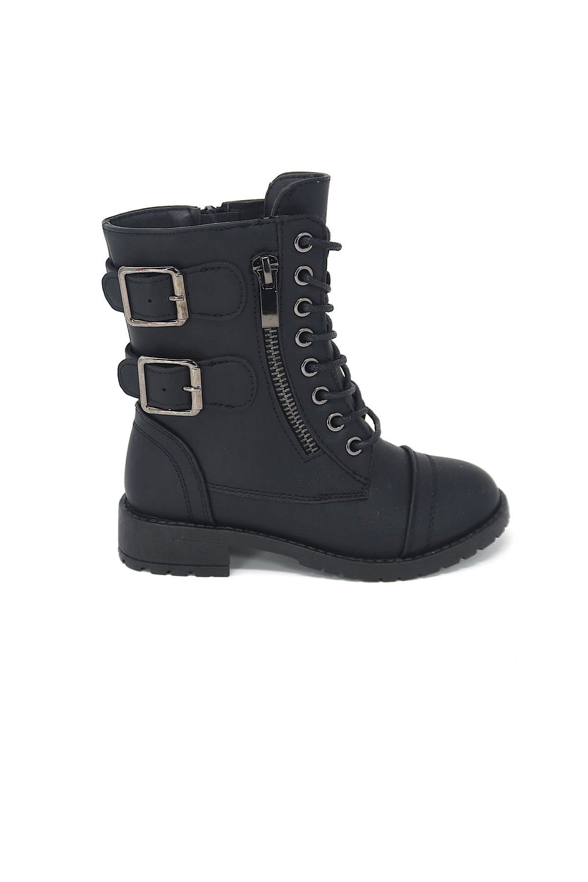 Girls Lace Up &amp; Zip up Combat Boot with Buckle Accents Black