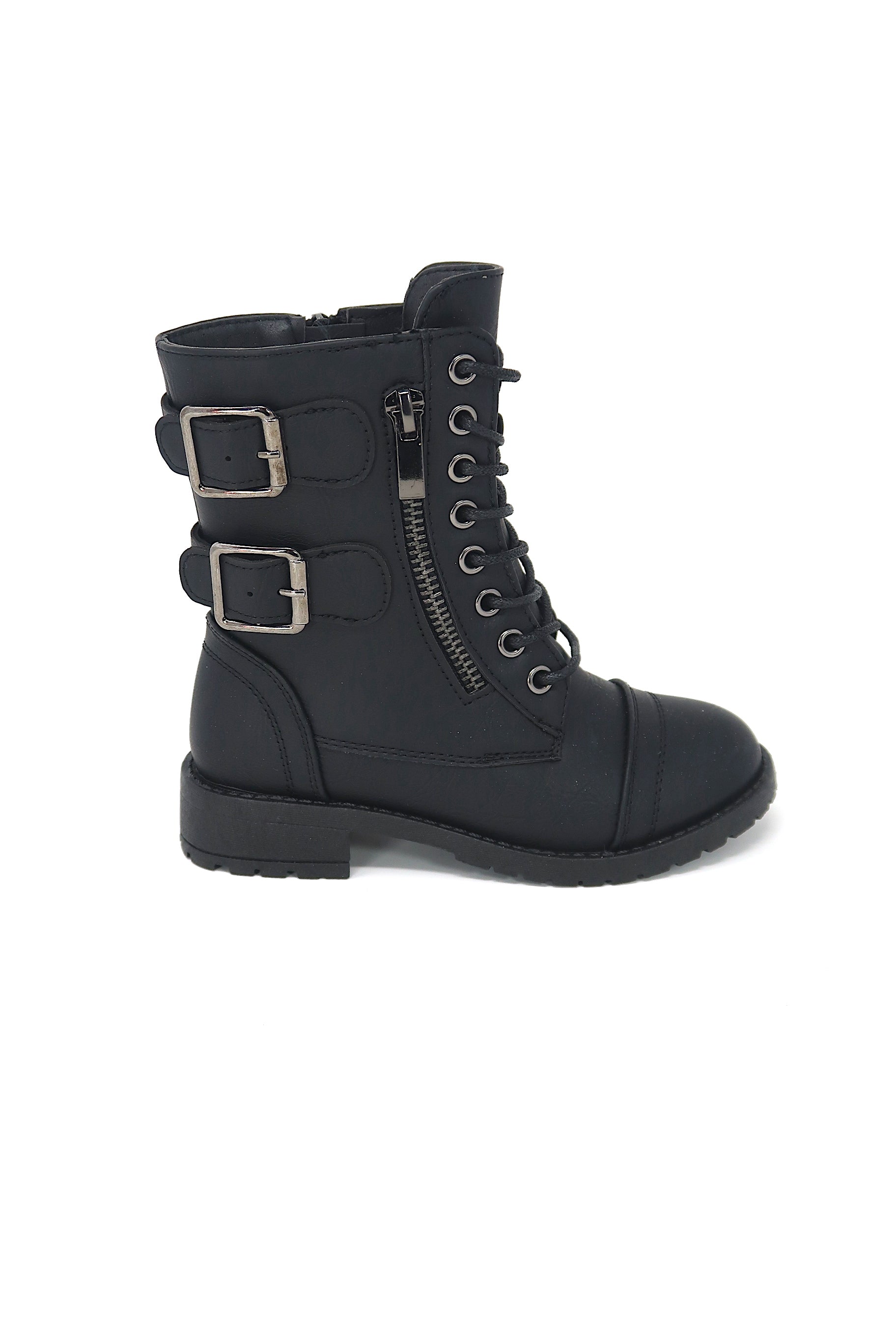 Girls Lace Up & Zip up Combat Boot with Buckle Accents Black