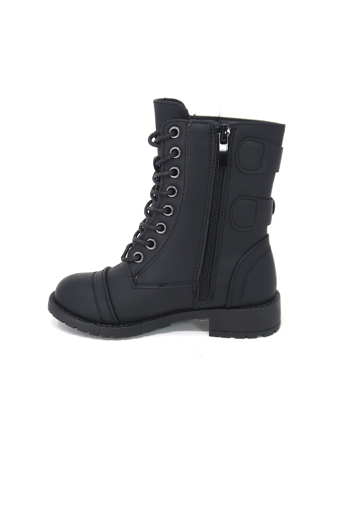 Girls Lace Up &amp; Zip up Combat Boot with Buckle Accents Black