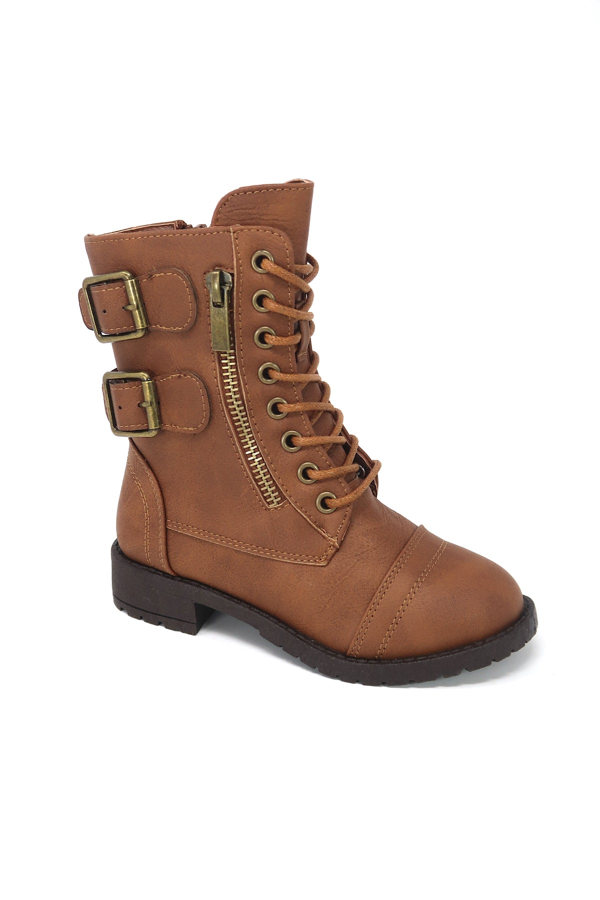 Girls Lace Up &amp; Zip up Combat Boot with Buckle Accents Tan