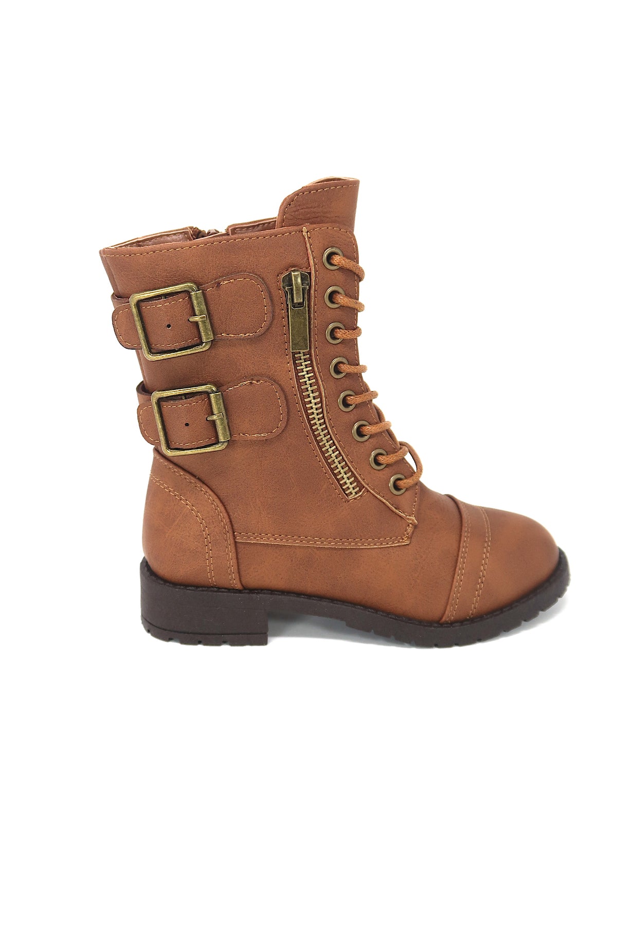 Girls Lace Up &amp; Zip up Combat Boot with Buckle Accents Tan