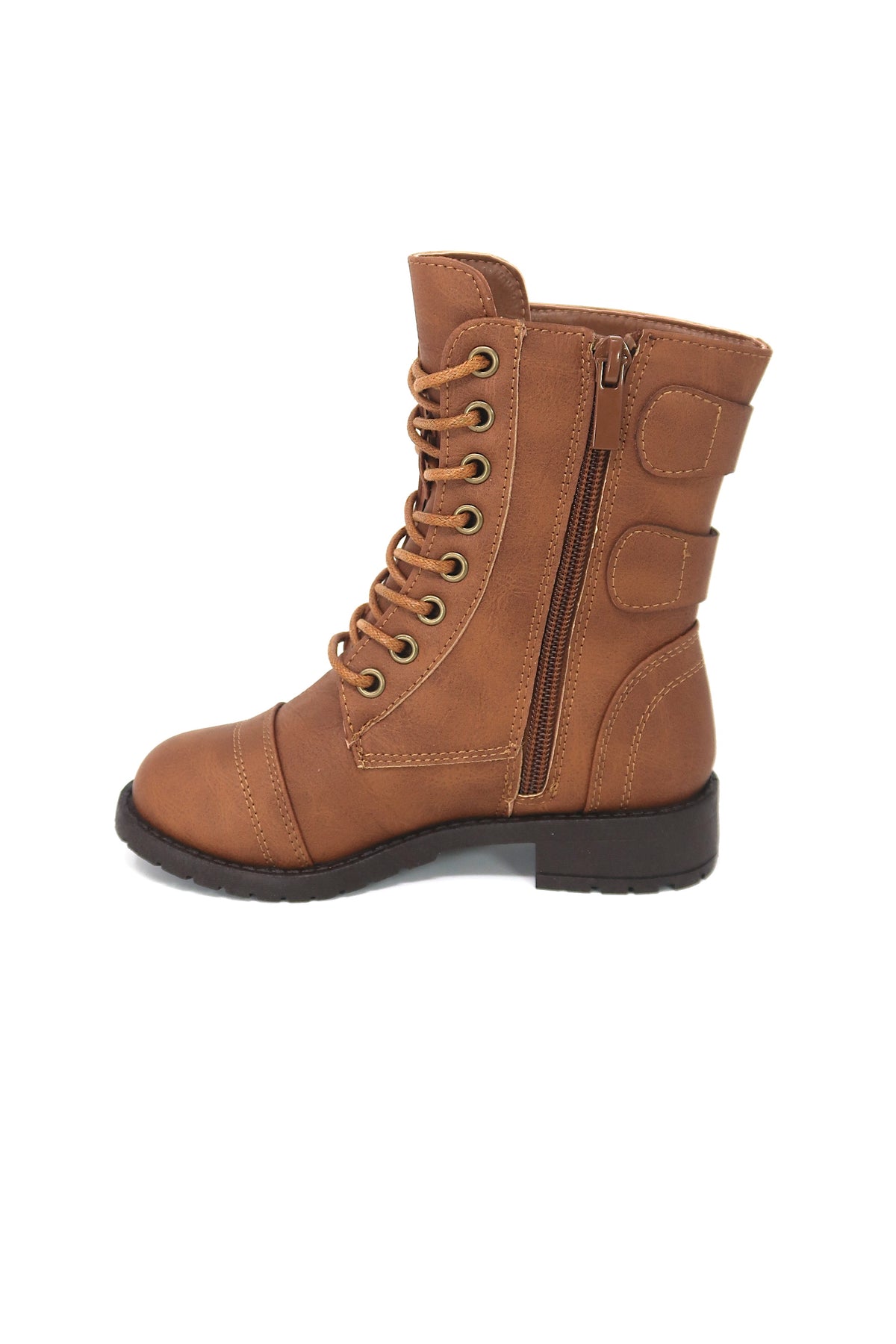 Girls Lace Up &amp; Zip up Combat Boot with Buckle Accents Tan