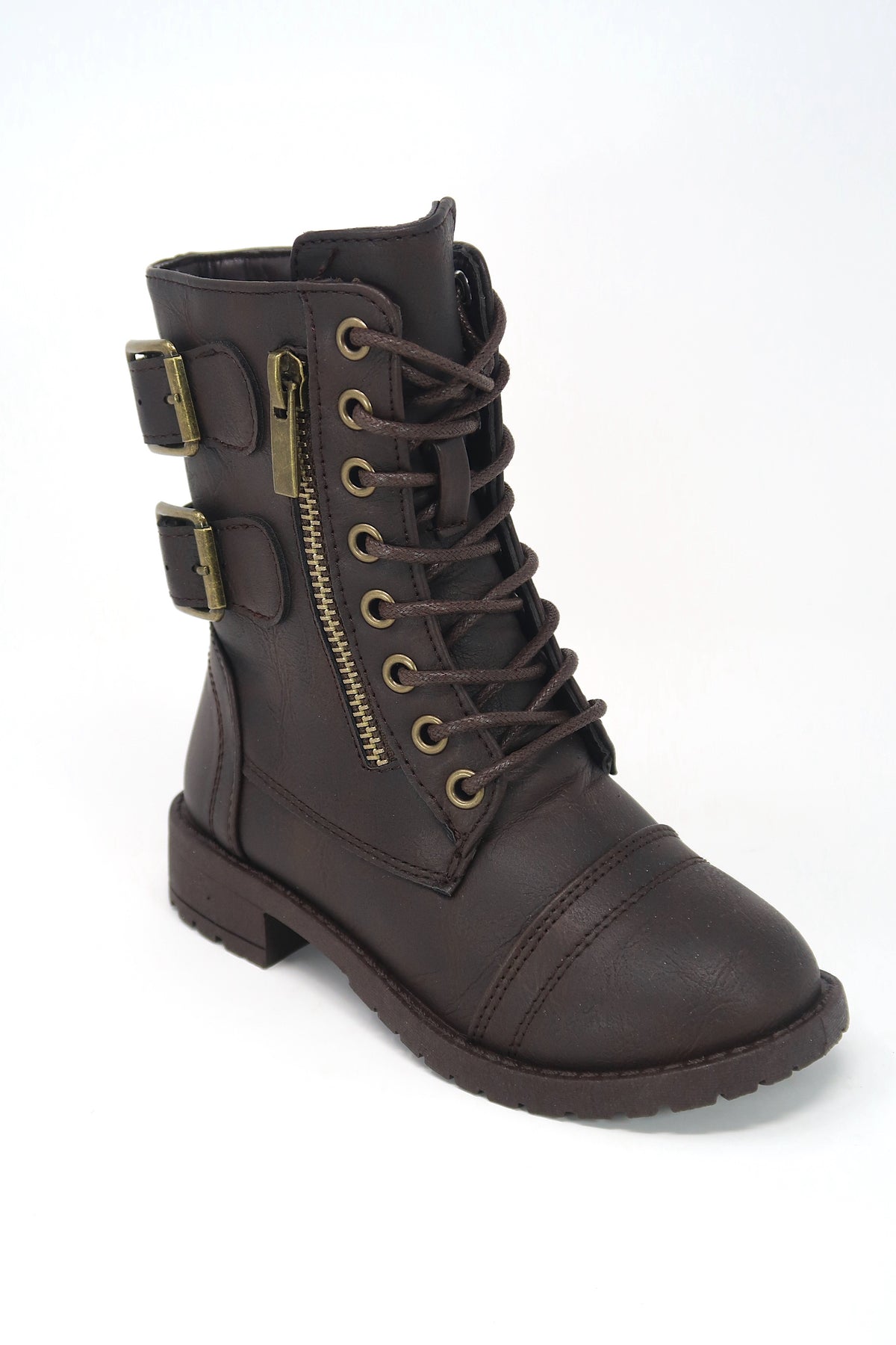 Girls Lace Up &amp; Zip up Combat Boot with Buckle Accents Brown 