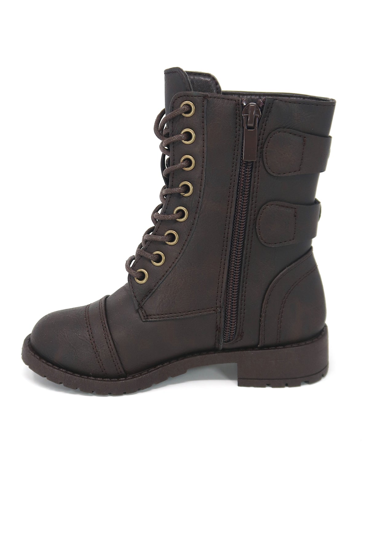 Girls Lace Up &amp; Zip up Combat Boot with Buckle Accents Brown 